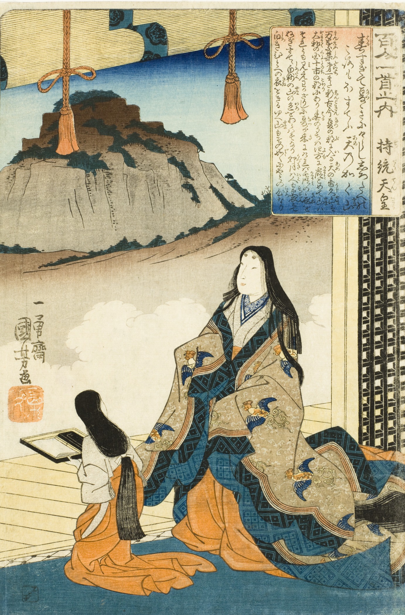 《百人一首之内 持统天皇》（One Hundred Poems by One Hundred Poets (Hyakunin isshu no uchi): Empress Jitō）｜歌川国芳 Utagawa Kuniyoshi｜江户时代，19世纪
