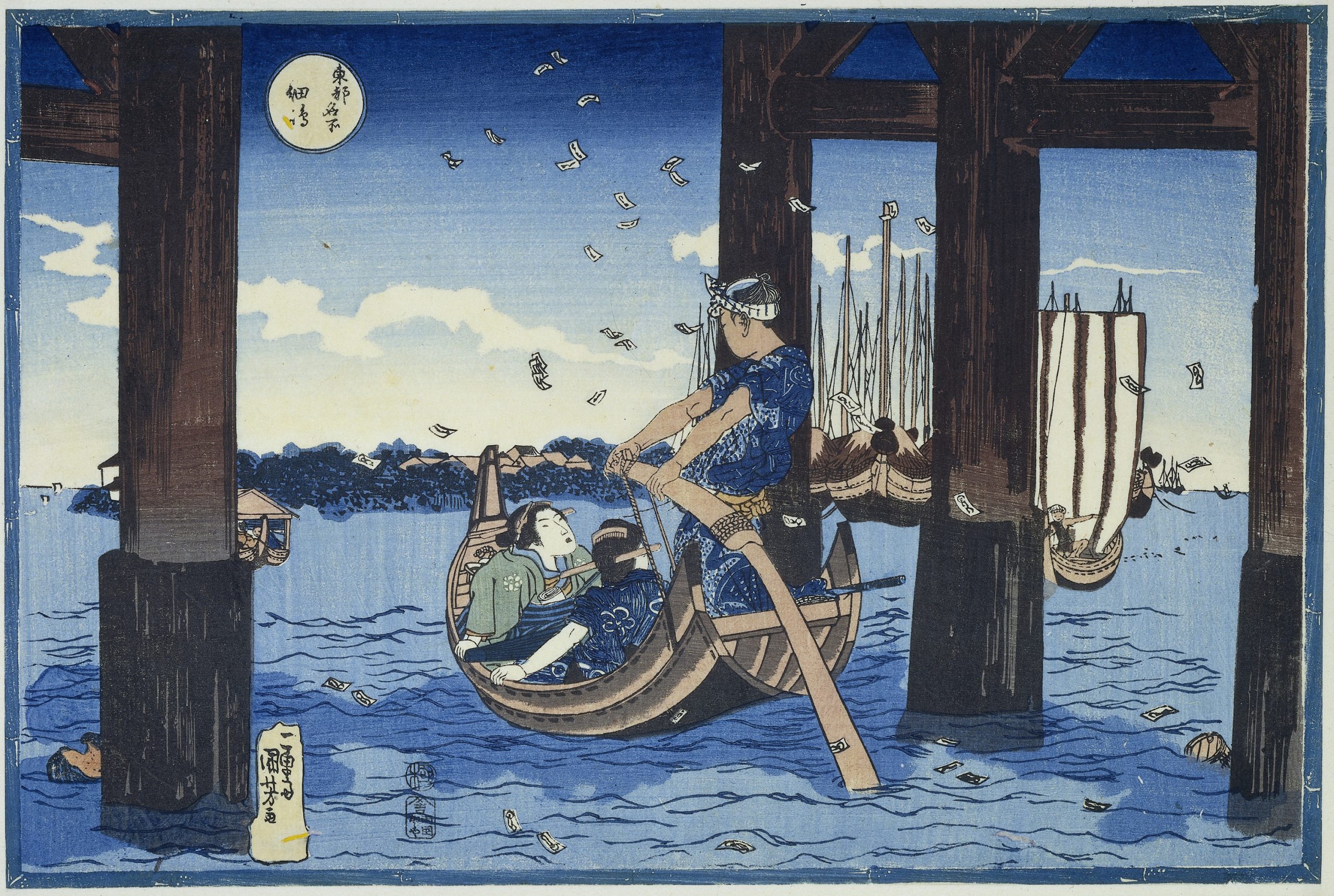 《东都名所：佃岛海面》（Famous Places in the Eastern Capital (Tōto meisho): Off Tsukuda Island (Tsukuda oki)）｜歌川国芳 Utagawa Kuniyoshi｜江户时代，19世纪