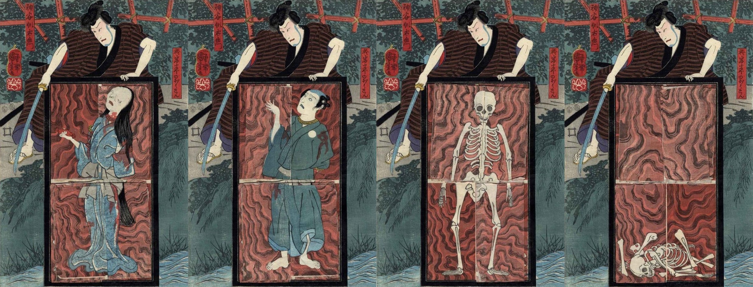 《机关绘（仕掛絵）：神谷伊右卫门与小幡小平次、阿岩的幽灵》（Trick Print (Shikake-e): Kamiya Iemon and the Ghosts of Kobada Koheiji and Oiwa）｜歌川国芳 Utagawa Kuniyoshi｜江户时代，19世纪