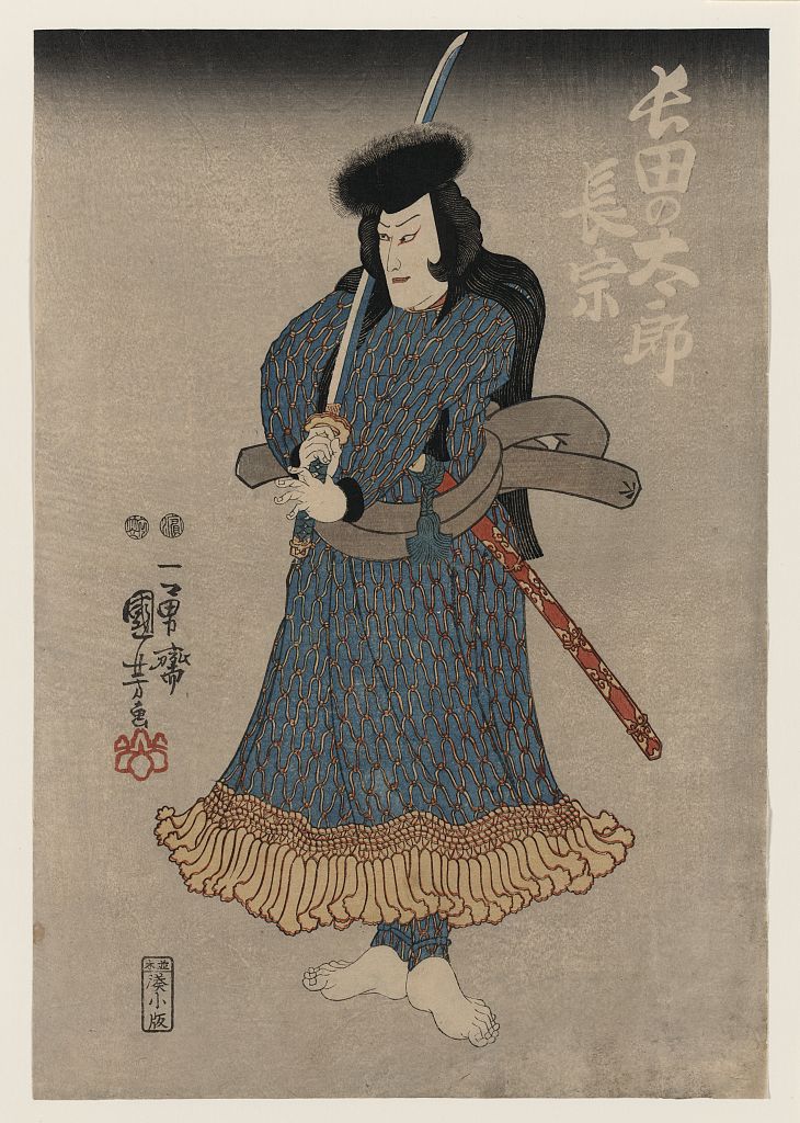 《歌舞伎武者绘三联画：左幅 长田太郎》（Triptych of a Kabuki Play (Left Panel): Osada Tarō）｜歌川国芳 Utagawa Kuniyoshi｜江户时代，19世纪