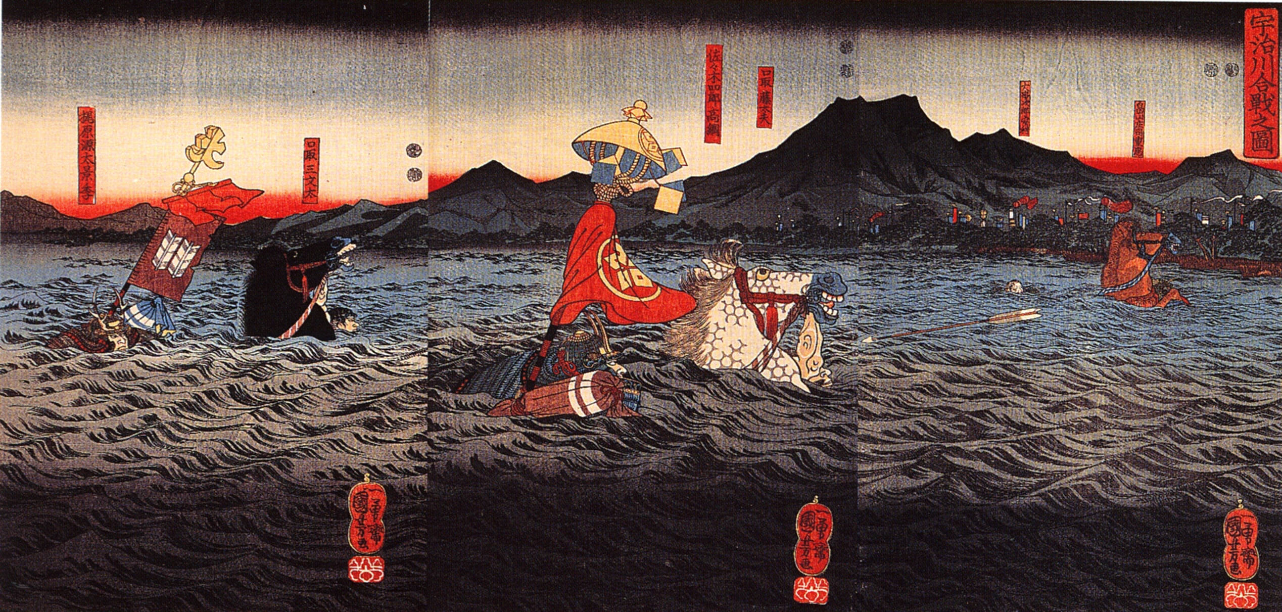 《宇治川合战之图》（The Battle of Uji River (Ujigawa Kassen no zu)）｜歌川国芳 Utagawa Kuniyoshi｜江户时代，19世纪