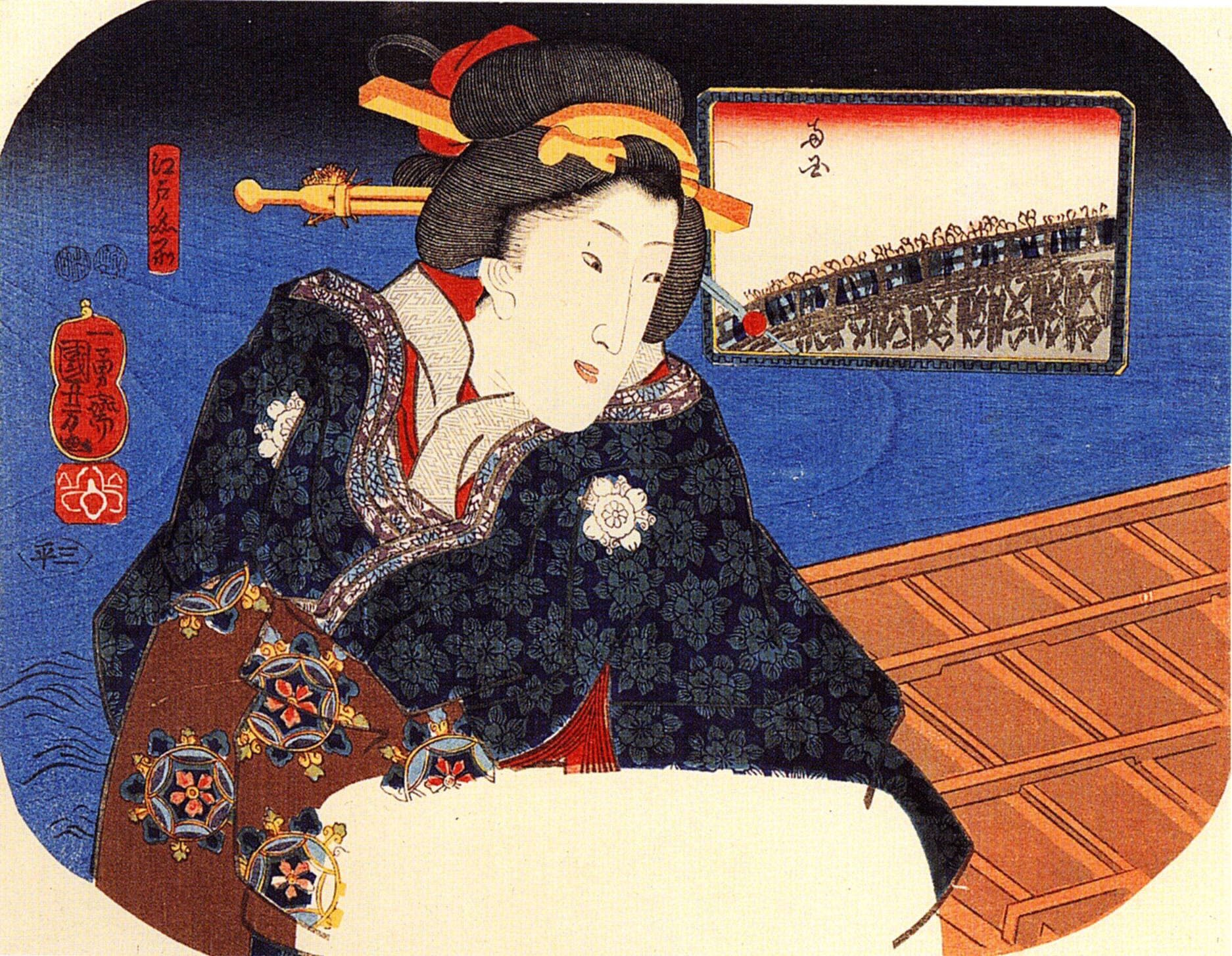 《江户名所（团扇绘美人画）》（Famous Places in Edo (Edo meisho): Beauty and Landscape (Fan Print / Uchiwa-e)）｜歌川国芳 Utagawa Kuniyoshi｜江户时代，19世纪
