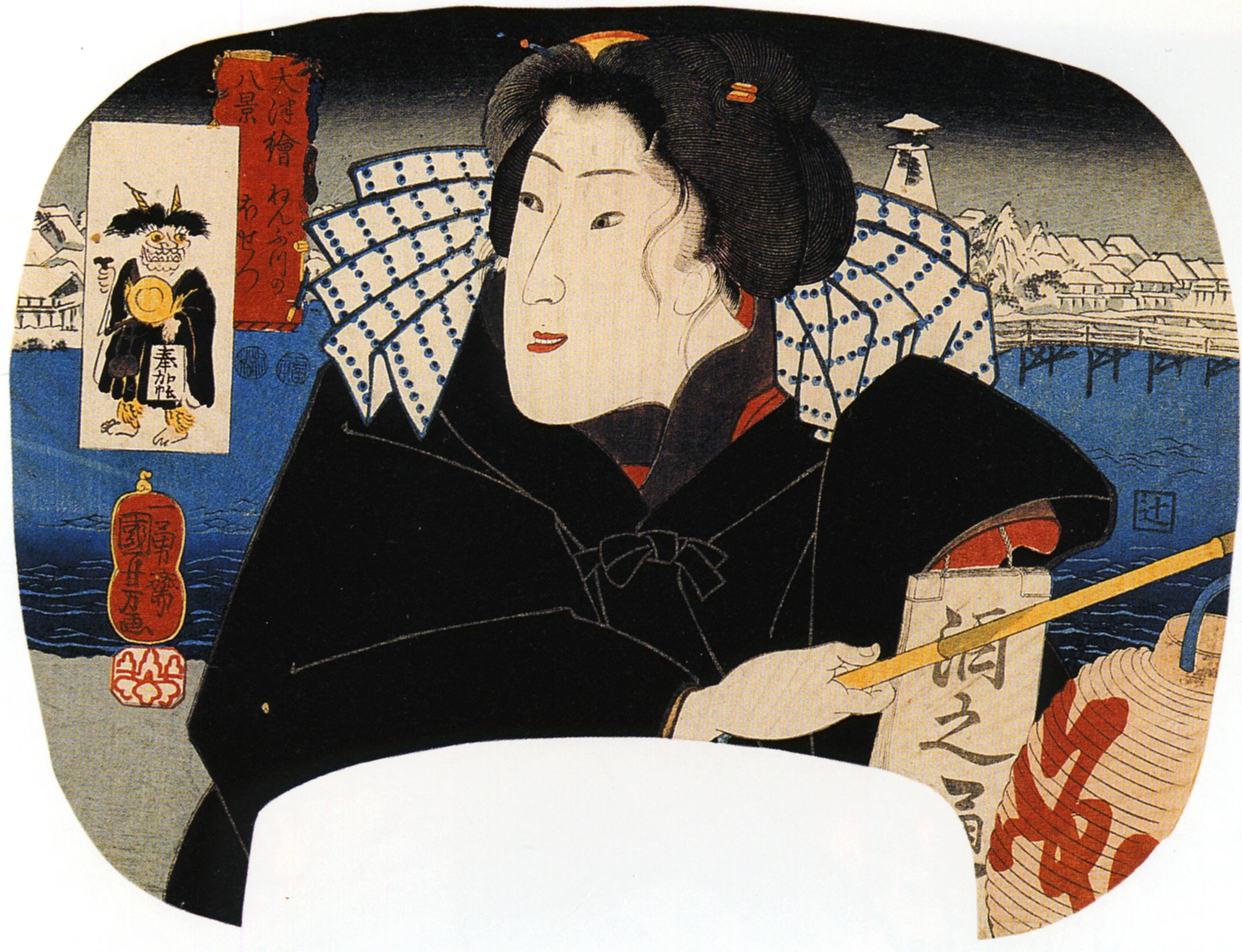 《大津绘八景：鬼之念佛（团扇绘）》（Eight Views of Ōtsu Pictures (Ōtsu-e hakkei): Demon Reciting Prayers (Oni no nenbutsu) - Fan Print）｜歌川国芳 Utagawa Kuniyoshi｜江户时代，19世纪