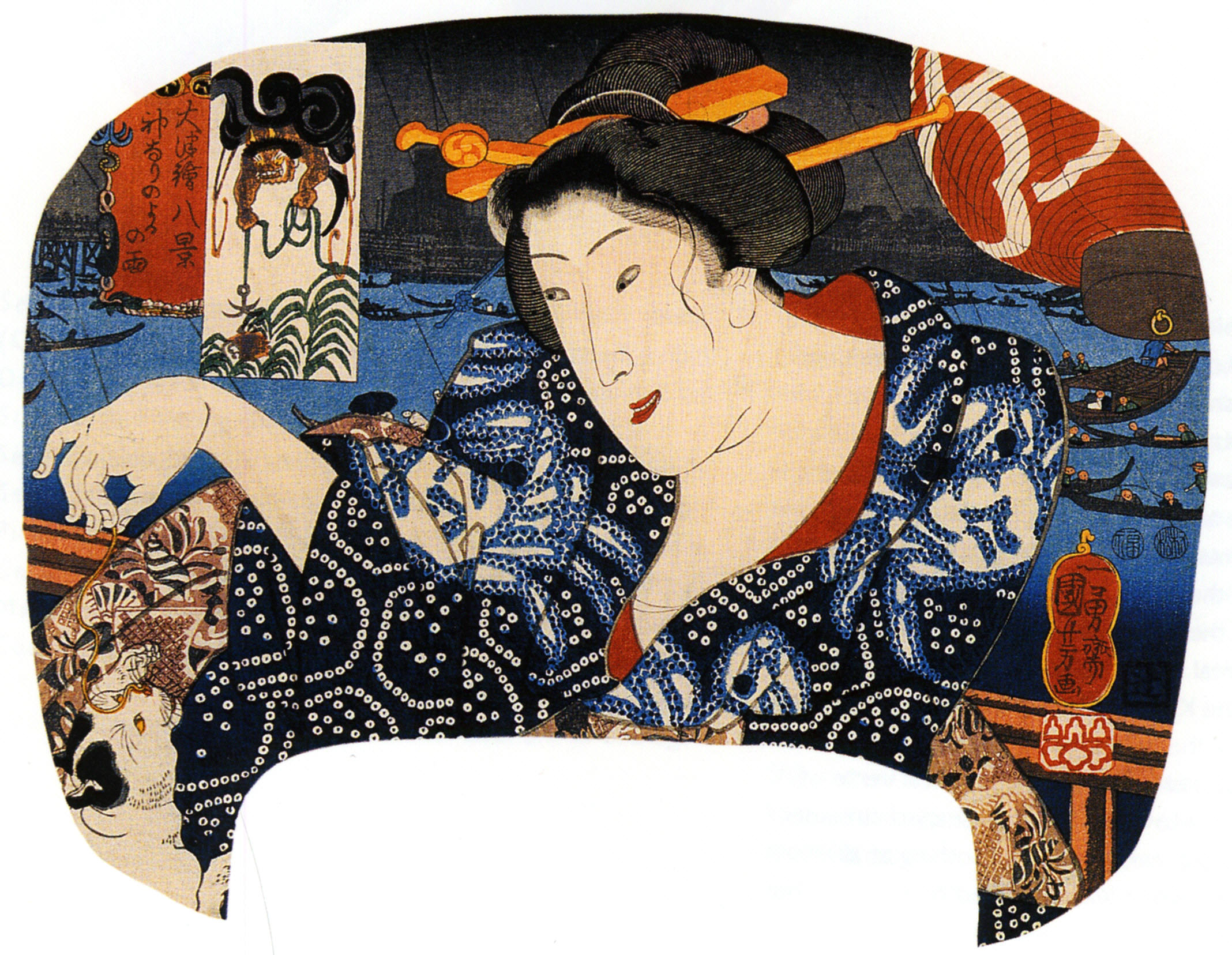 《大津绘八景：雷神（团扇绘，逗猫美人）》（Eight Views of Ōtsu Pictures (Ōtsu-e hakkei): Thunder God (Kaminari) - Beauty Playing with a Cat (Fan Print)）｜歌川国芳 Utagawa Kuniyoshi｜江户时代，19世纪