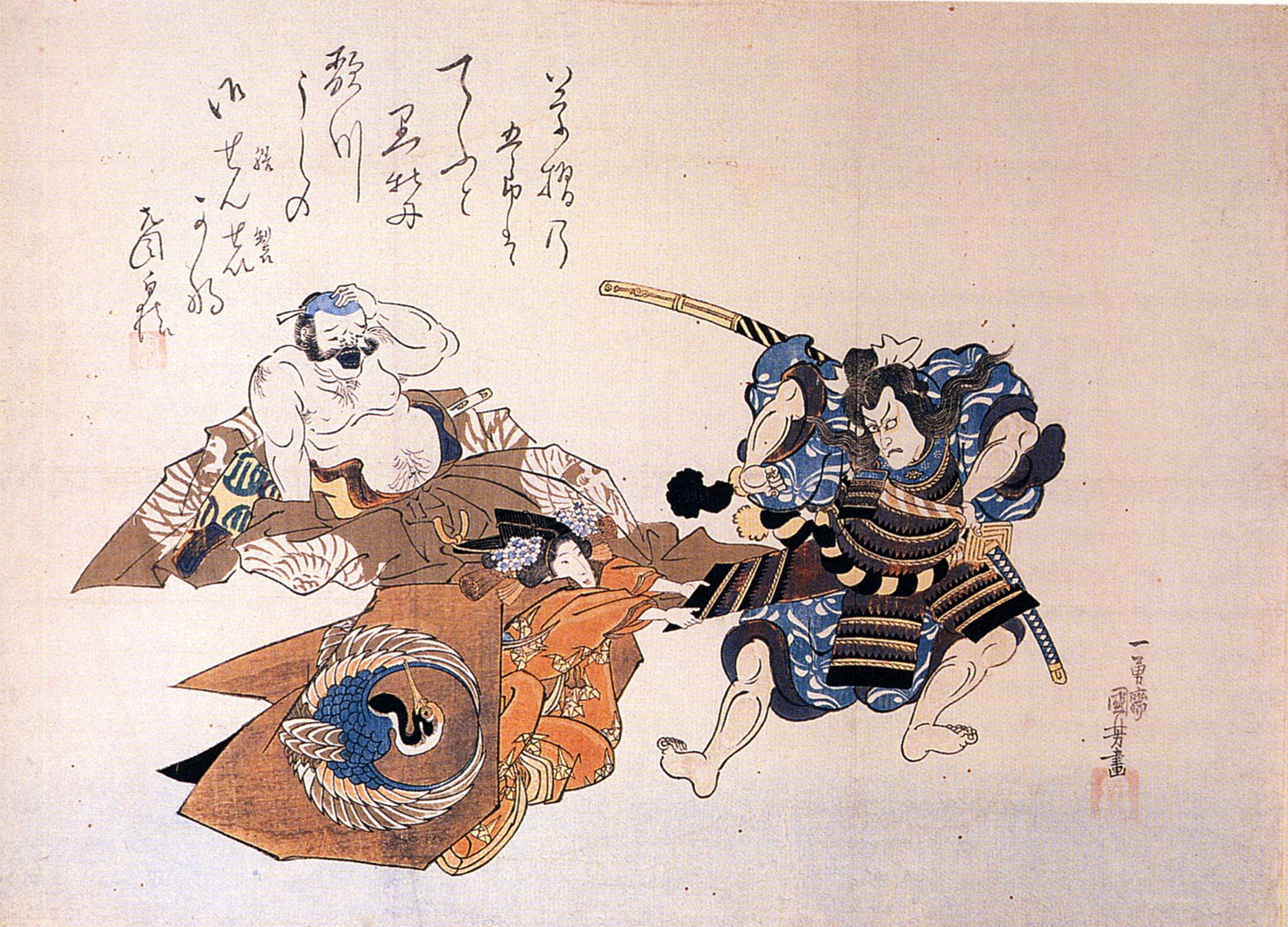 《歌舞伎武士与女子》（Kabuki Scene with Samurai and Woman）｜歌川国芳 Utagawa Kuniyoshi｜江户时代，19世纪
