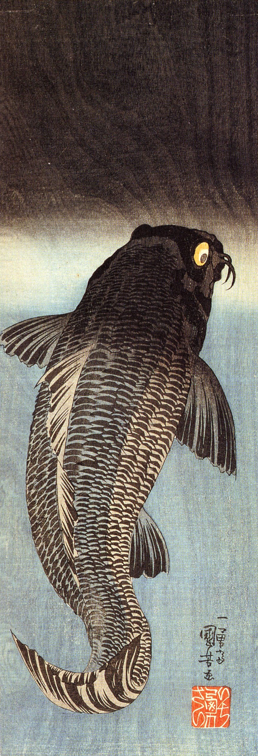 《黑鲤游弋图》（Black Carp Leaping）｜歌川国芳 Utagawa Kuniyoshi｜江户时代，19世纪