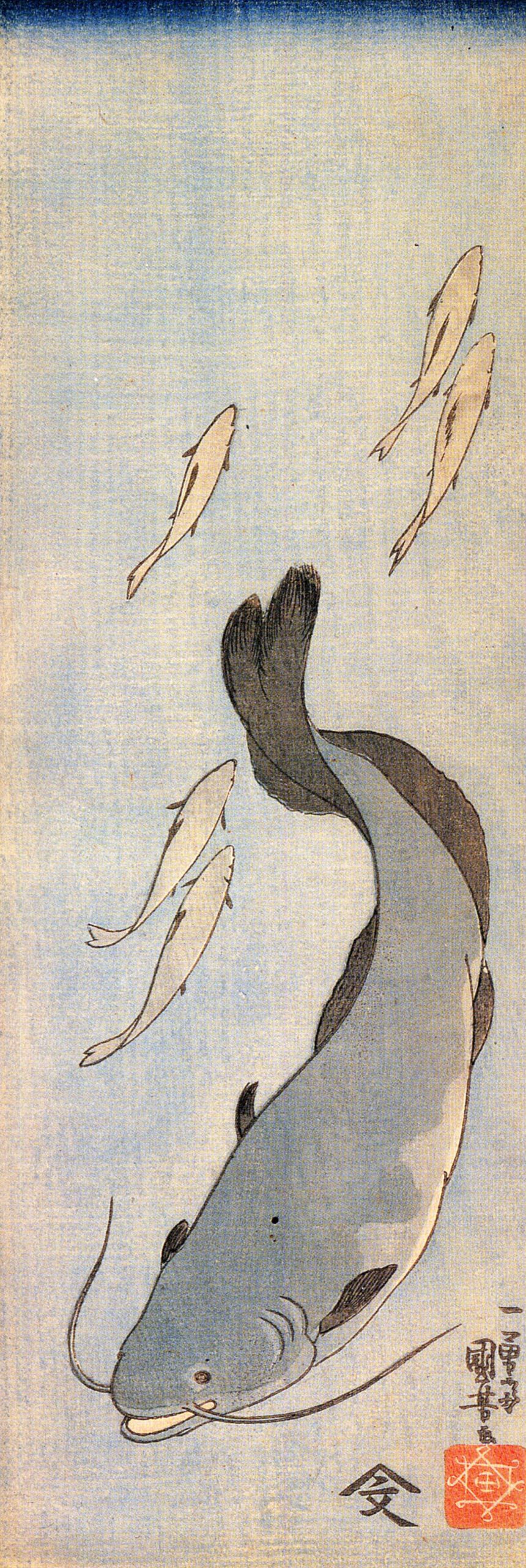 《鲶鱼与小鱼（浅底）》（Catfish and Small Fish (Light Background)）｜歌川国芳 Utagawa Kuniyoshi｜江户时代，19世纪