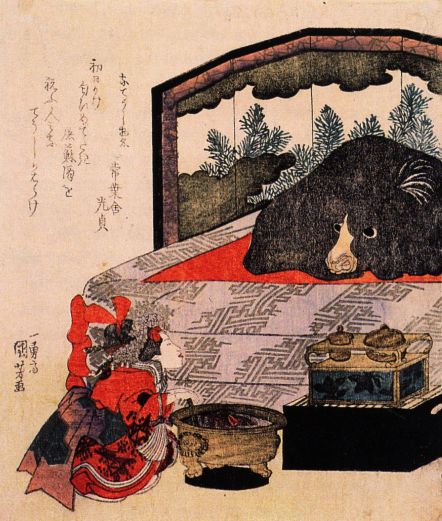 《女子与睡熊》（Woman and Sleeping Bear）｜歌川国芳 Utagawa Kuniyoshi｜江户时代，19世纪