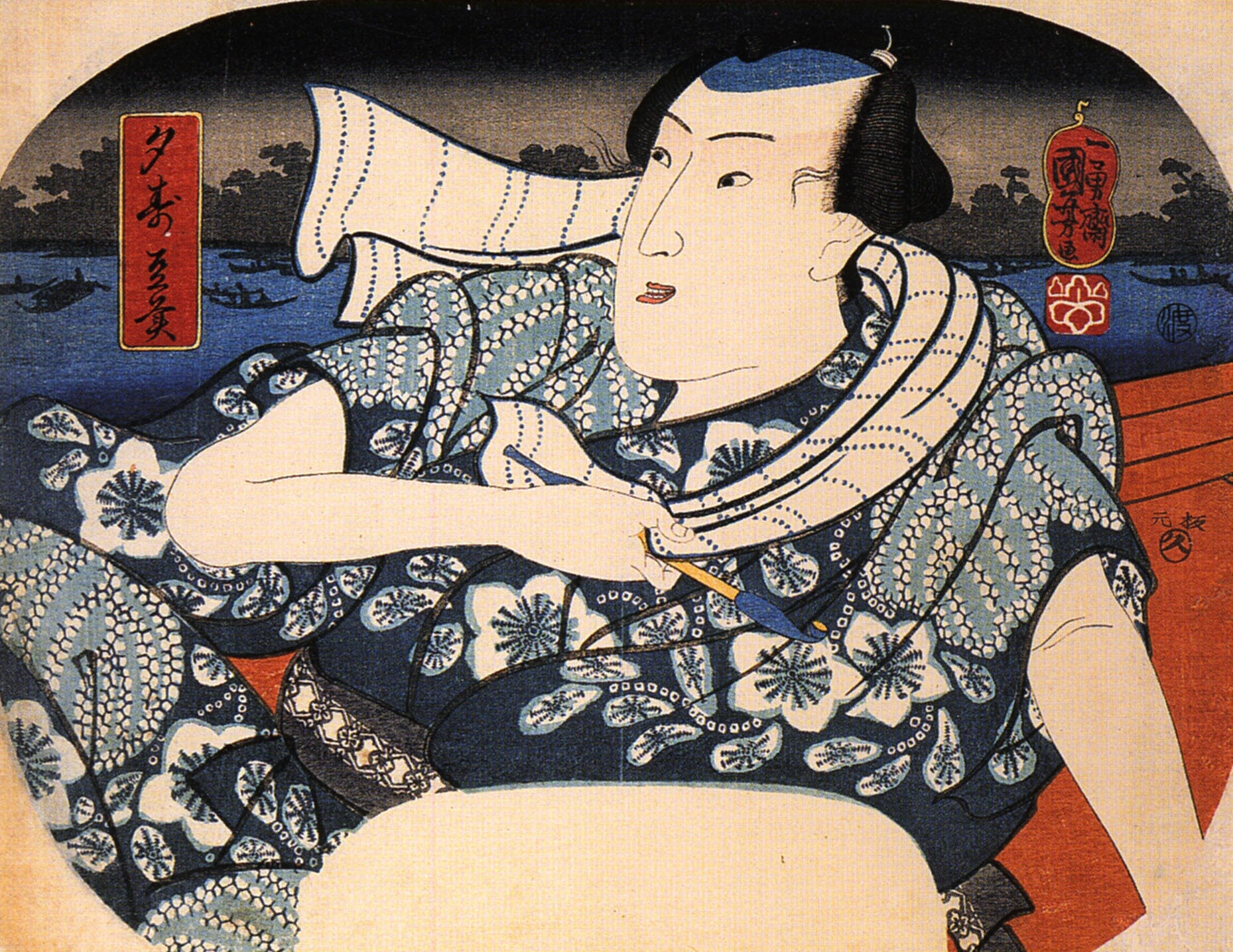 《手持毛笔的役者》（Actor in Blue Kimono Holding a Brush）｜歌川国芳 Utagawa Kuniyoshi｜江户时代，19世纪