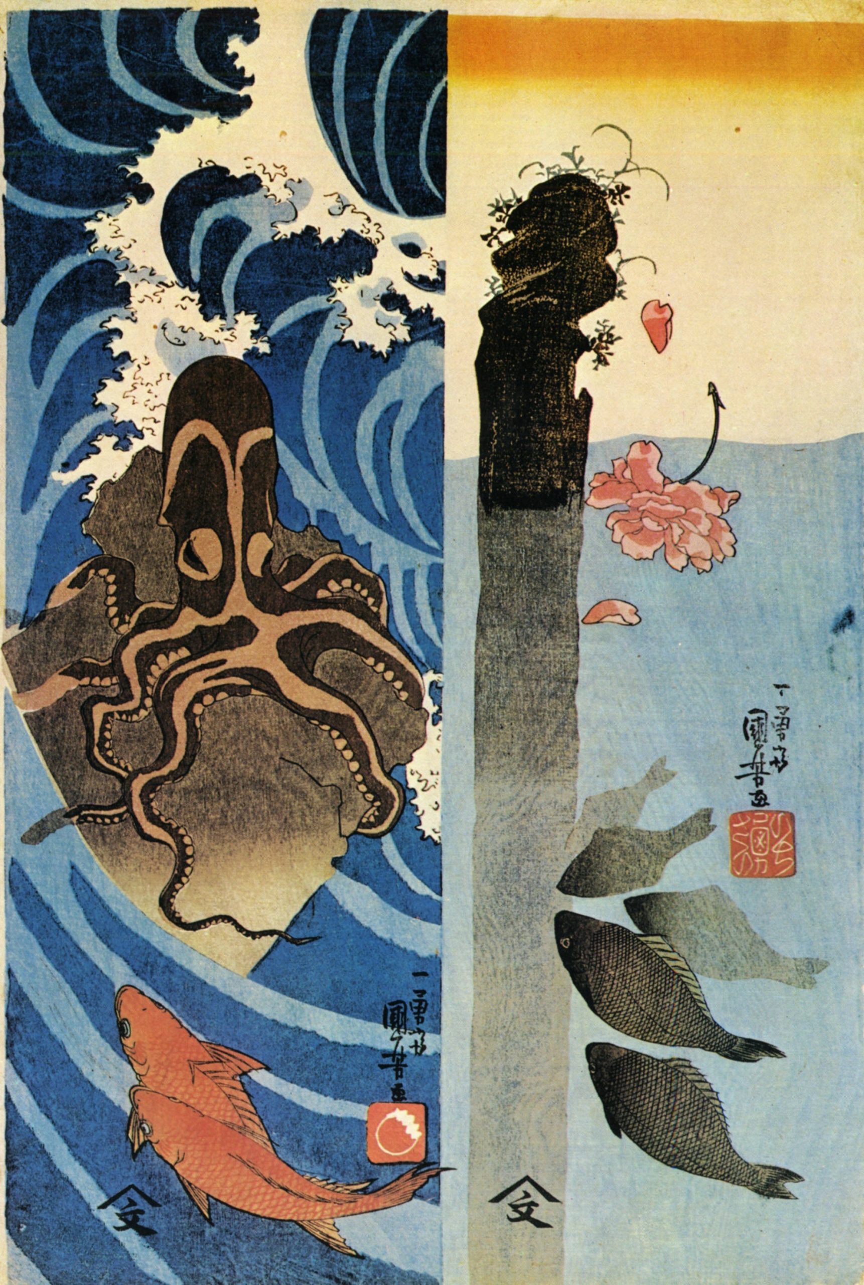 《章鱼与游鱼》（Octopus and Fishes）｜歌川国芳 Utagawa Kuniyoshi｜江户时代，19世纪