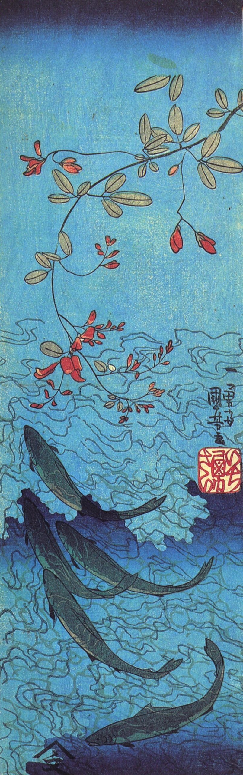 《花枝与游鱼》（Fishes under Flowers）｜歌川国芳 Utagawa Kuniyoshi｜江户时代，19世纪
