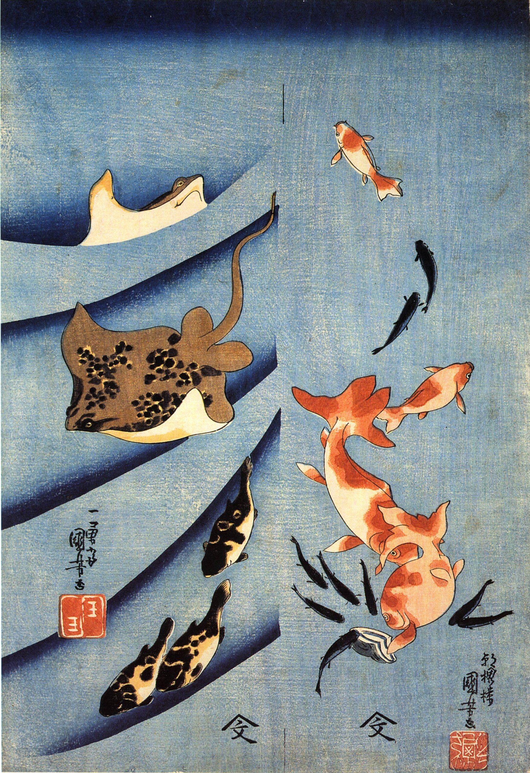 《魟鱼与金鱼》（Stingray and Goldfish）｜歌川国芳 Utagawa Kuniyoshi｜江户时代，19世纪