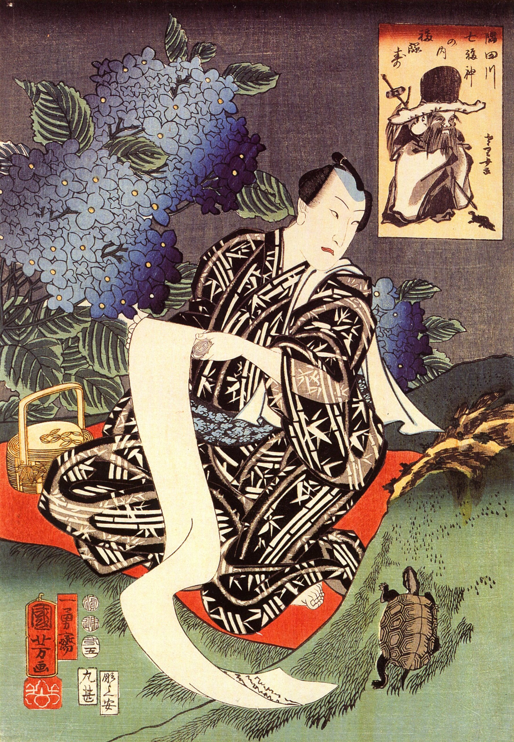 《紫阳花下读卷轴的役者》（Actor Reading a Scroll near Hydrangeas）｜歌川国芳 Utagawa Kuniyoshi｜江户时代，19世纪
