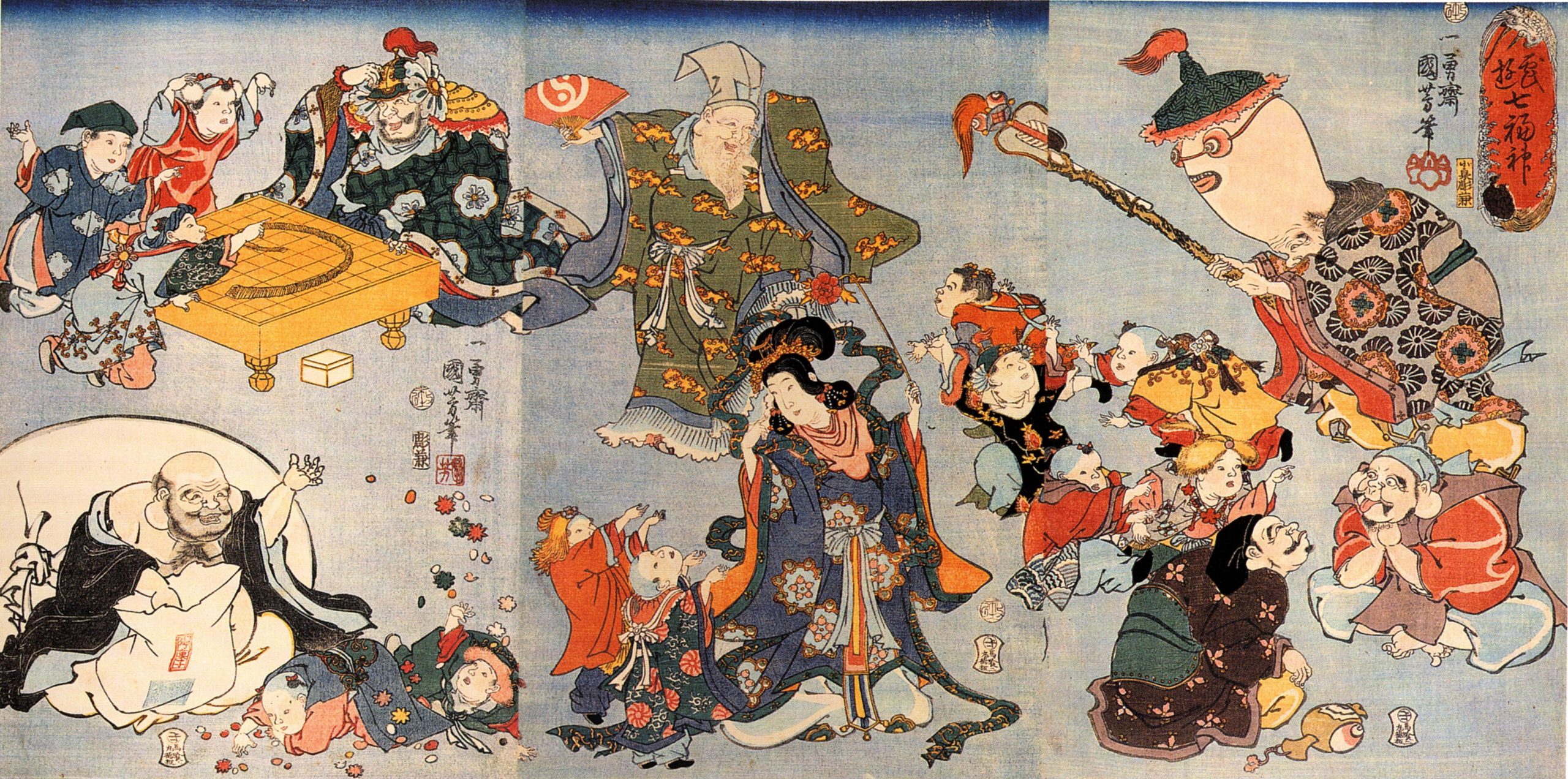 《七福神与唐子同乐》（Seven Lucky Gods Playing with Children）｜歌川国芳 Utagawa Kuniyoshi｜江户时代，19世纪