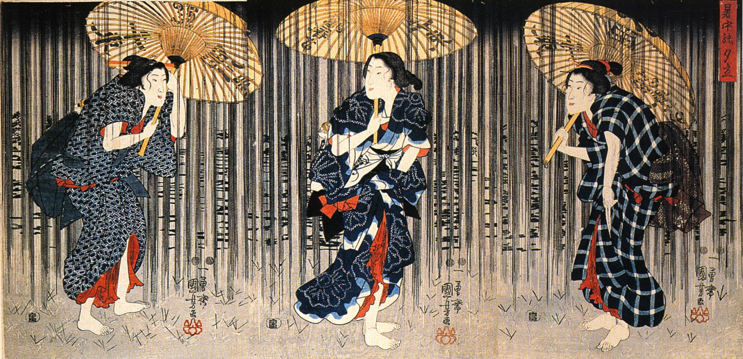 《暑中骤雨（三美人）》（Summer Shower (Three Women with Umbrellas)）｜歌川国芳 Utagawa Kuniyoshi｜江户时代，19世纪