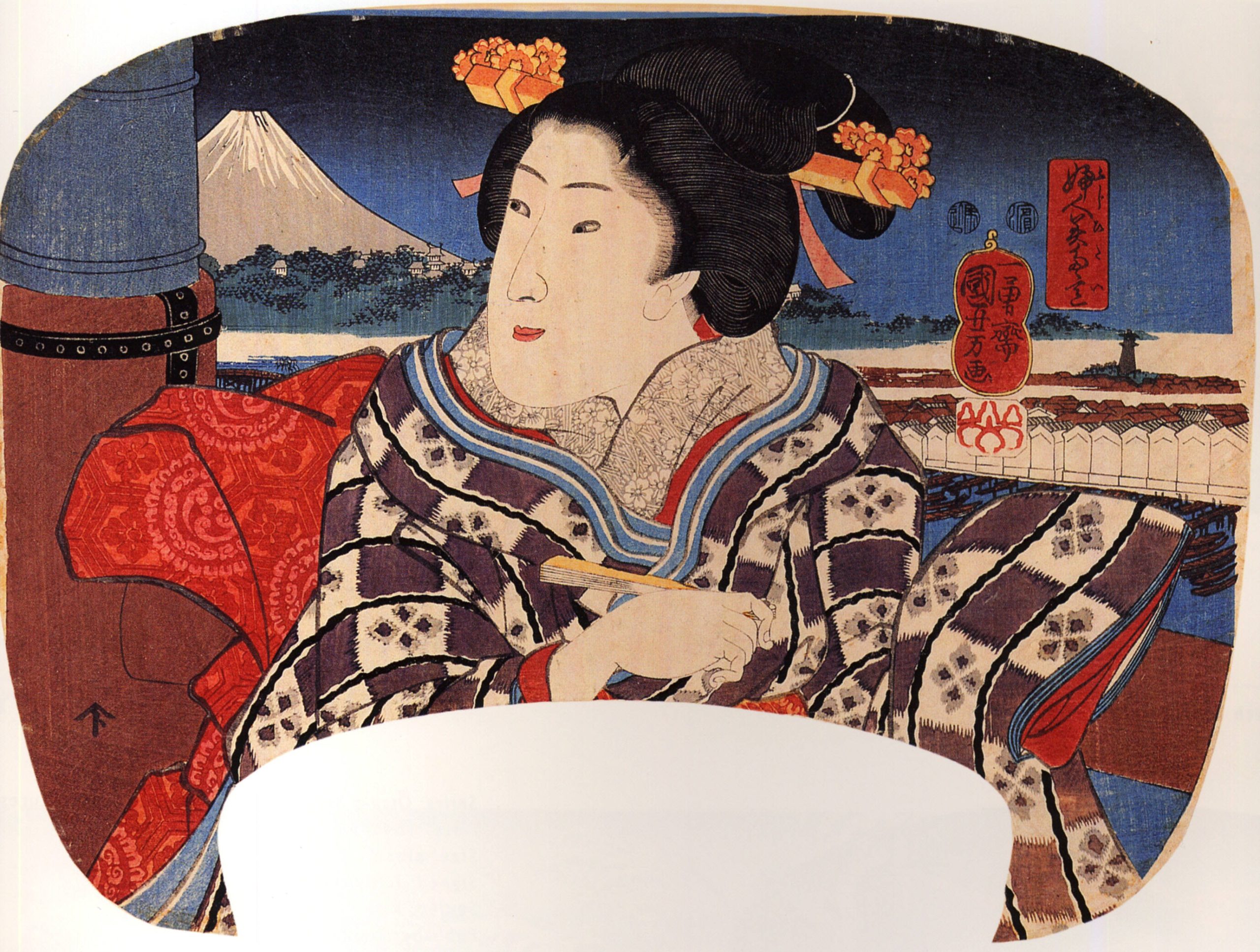 《团扇绘 美人与富士山》（Woman and Mount Fuji (Fan Print)）｜歌川国芳 Utagawa Kuniyoshi｜江户时代，19世纪