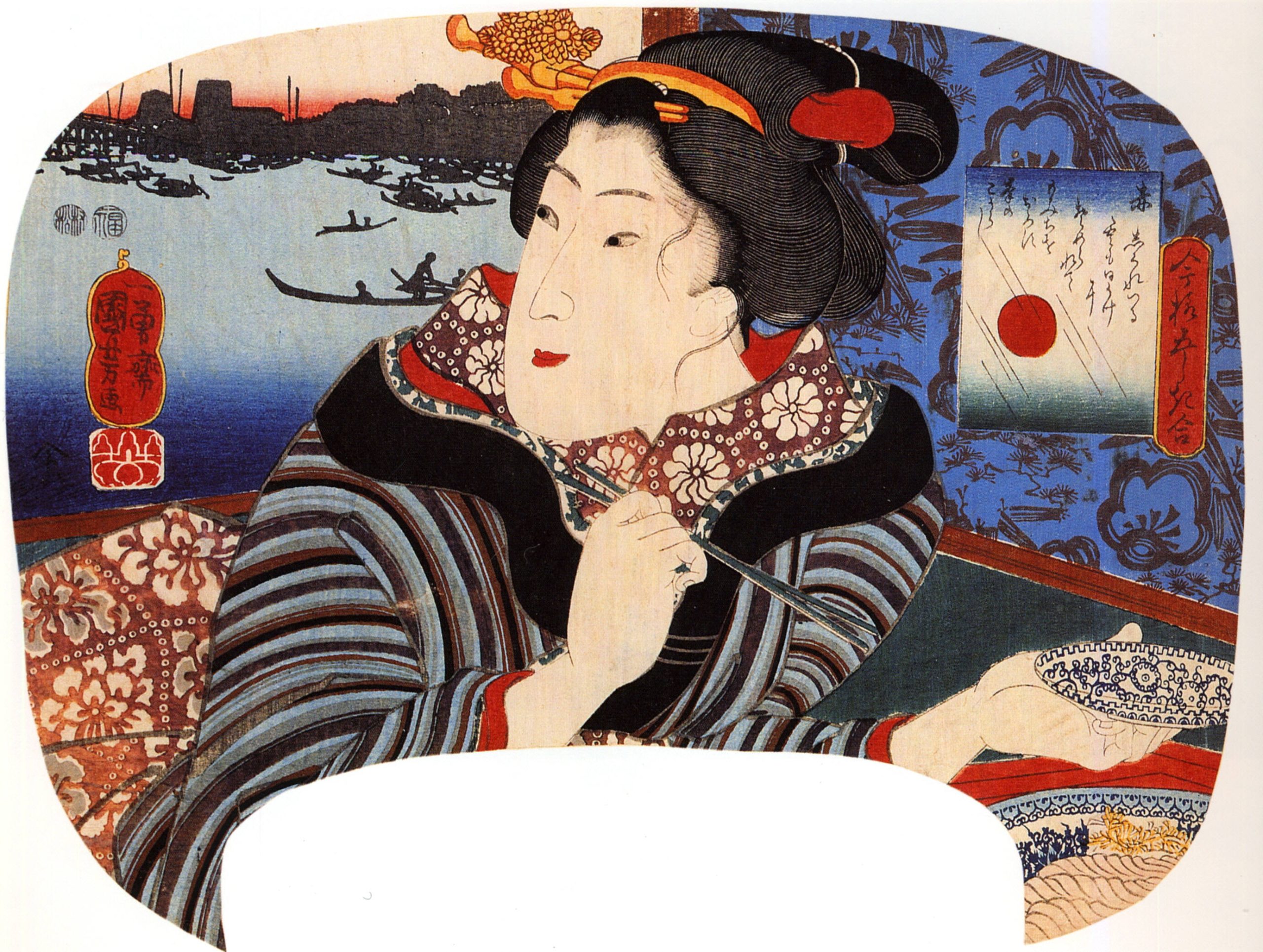 《团扇绘 持盘女子》（Woman Holding a Bowl (Fan Print)）｜歌川国芳 Utagawa Kuniyoshi｜江户时代，19世纪