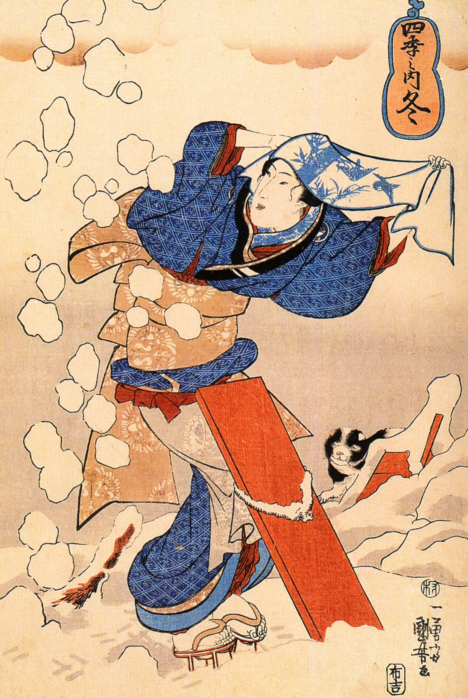 《四季之内 冬：雪中女子与狗》（Winter from the Four Seasons (Woman and Dog in Snow)）｜歌川国芳 Utagawa Kuniyoshi｜江户时代，19世纪