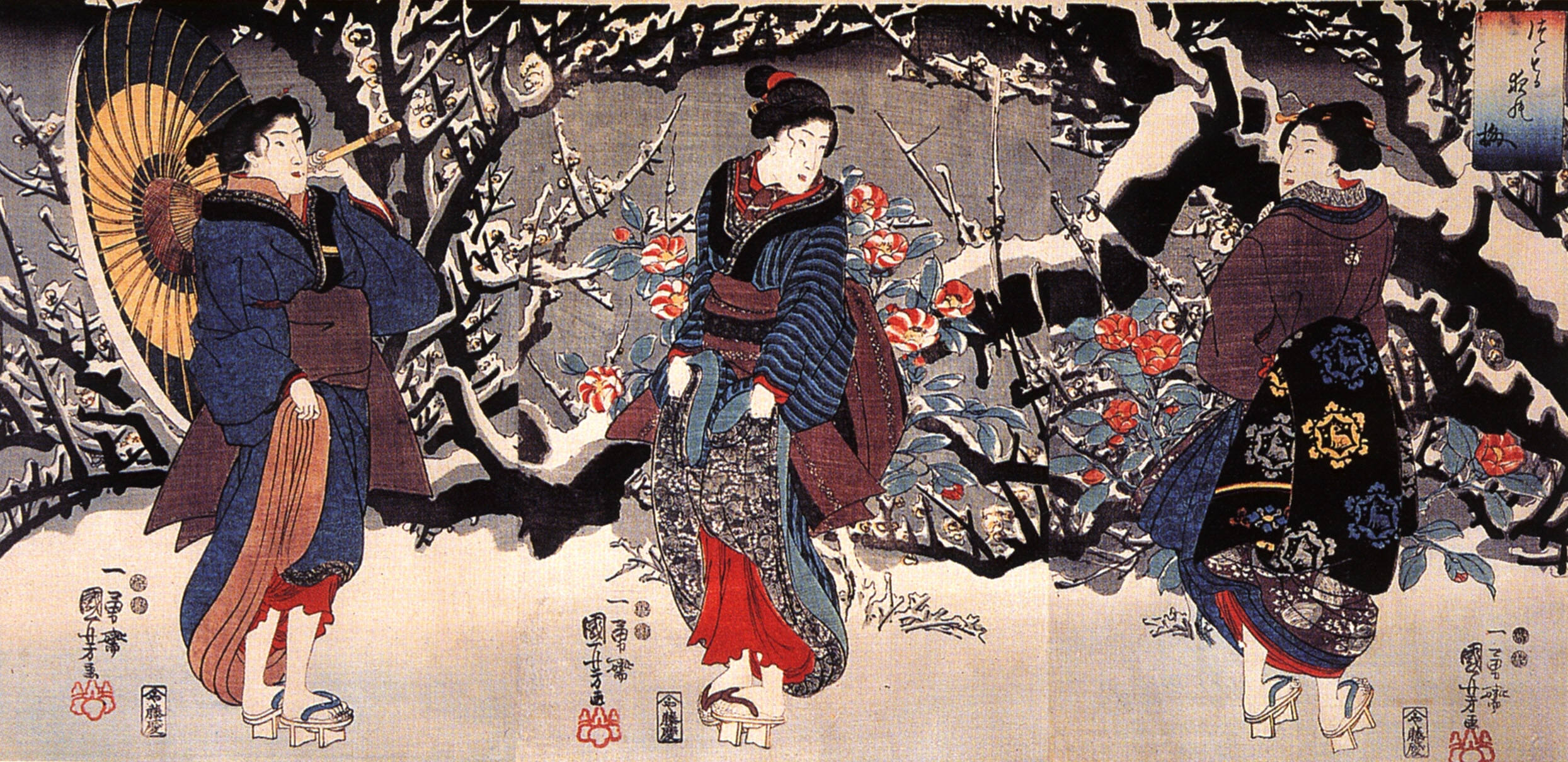 《雪中茶花与三美人》（Three Women in Snow with Camellias）｜歌川国芳 Utagawa Kuniyoshi｜江户时代，19世纪