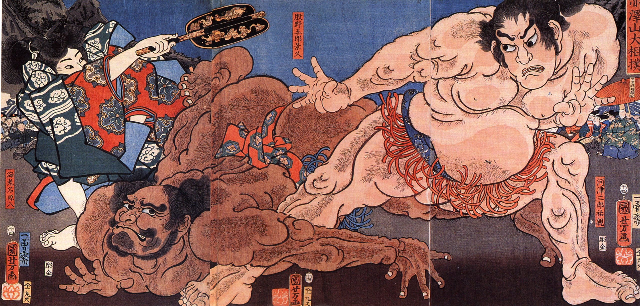 《大相扑 河津三郎与股野五郎》（Wrestler Kawazu Saburo and Matano Goro）｜歌川国芳 Utagawa Kuniyoshi｜江户时代，19世纪