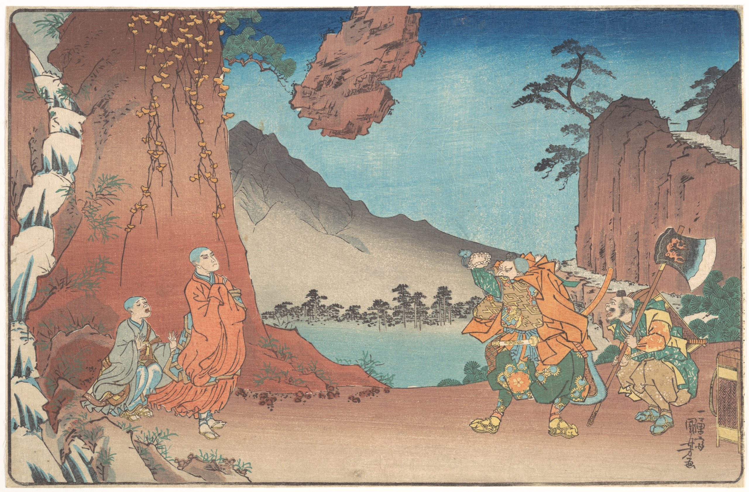 《瀑布前的僧侣与武士》（Monk and Warriors at a Waterfall）｜歌川国芳 Utagawa Kuniyoshi｜江户时代，19世纪