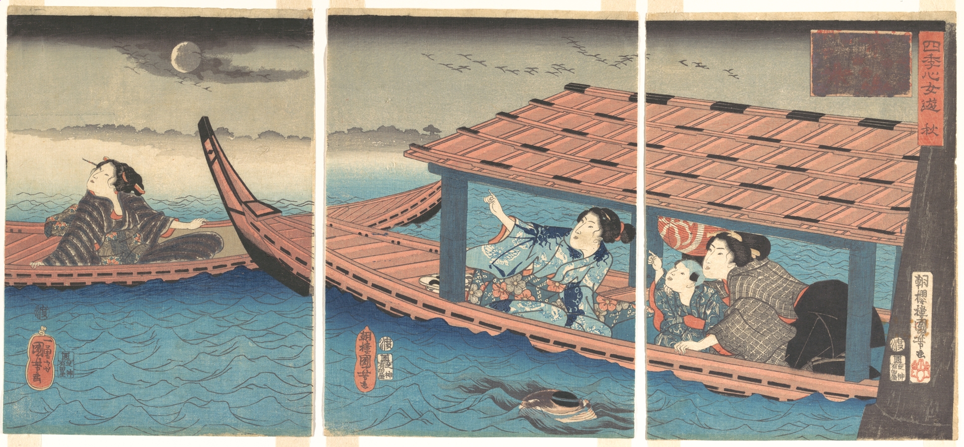 《四季心女游：秋（三联画全卷）》（Autumn, from Amusements of Women in the Four Seasons (Triptych)）｜歌川国芳 Utagawa Kuniyoshi｜江户时代，19世纪