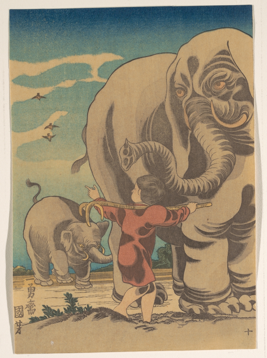 《孩童与大象》（Child with Elephants）｜歌川国芳 Utagawa Kuniyoshi｜江户时代，19世纪