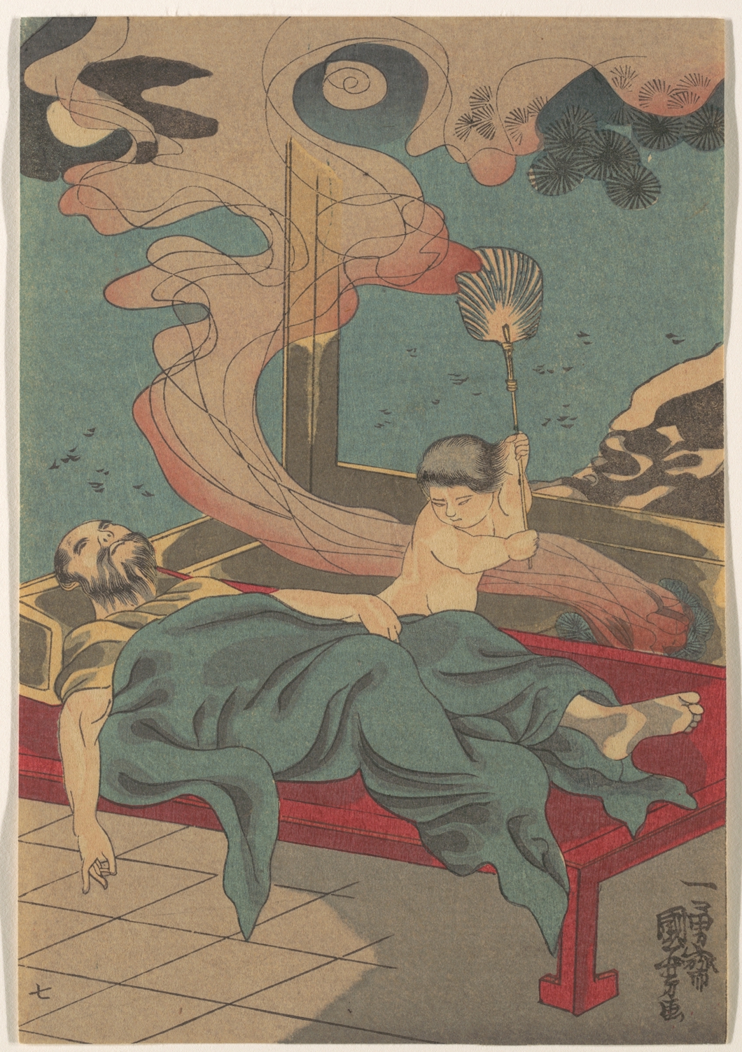 《熟睡的男子与持扇孩童》（Sleeping Man and Child Fanning）｜歌川国芳 Utagawa Kuniyoshi｜江户时代，19世纪