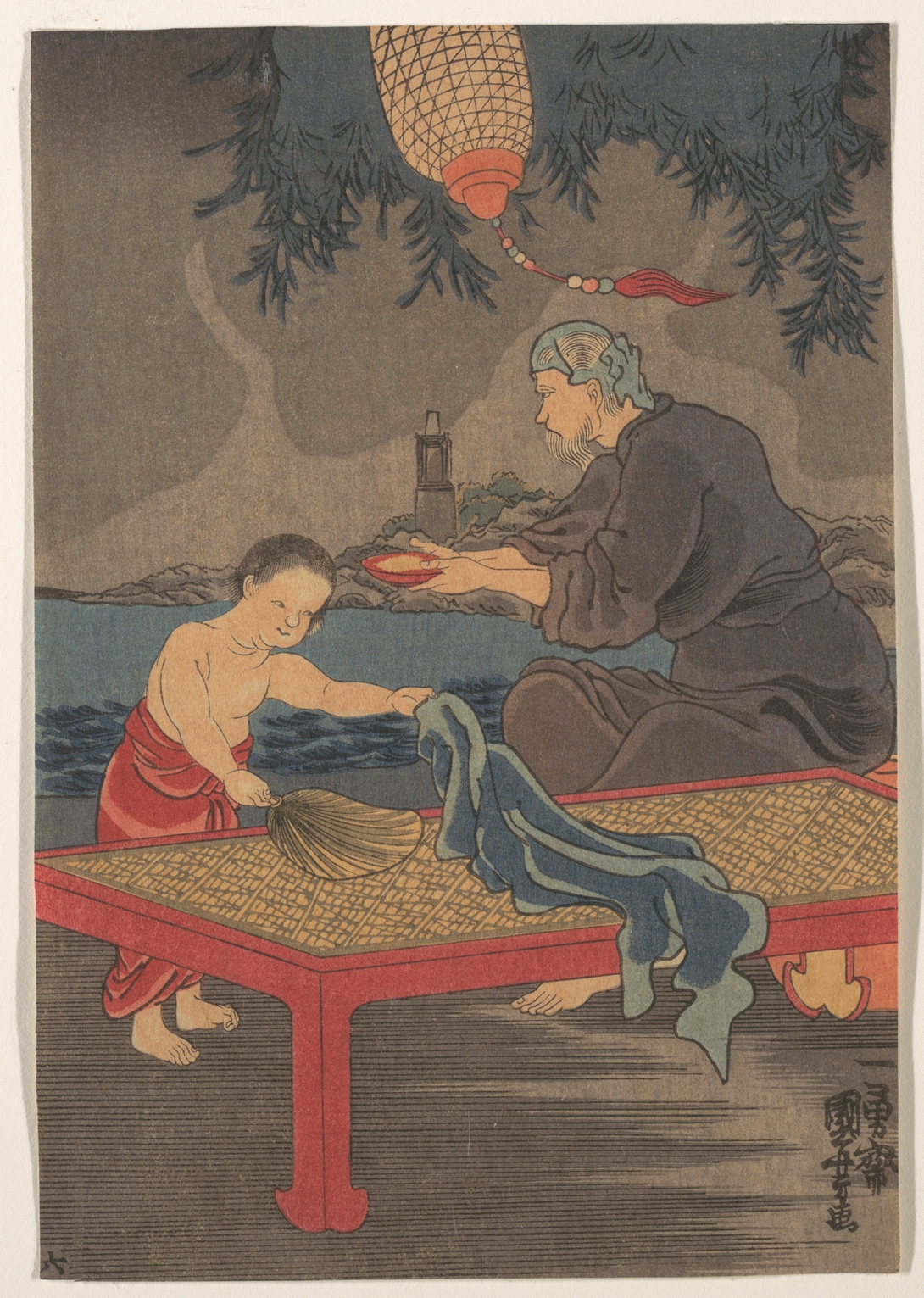 《海边喂食孩童的男子》（Man Feeding a Child by the Shore）｜歌川国芳 Utagawa Kuniyoshi｜江户时代，19世纪