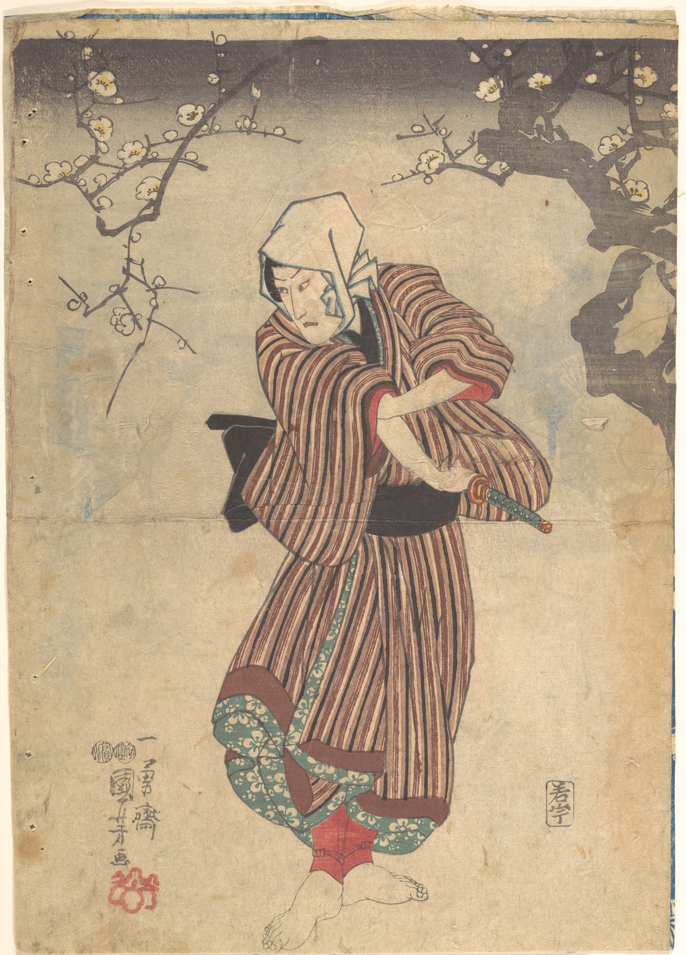 《梅花下穿条纹和服的役者》（Actor in Striped Kimono under Plum Blossoms）｜歌川国芳 Utagawa Kuniyoshi｜江户时代，19世纪