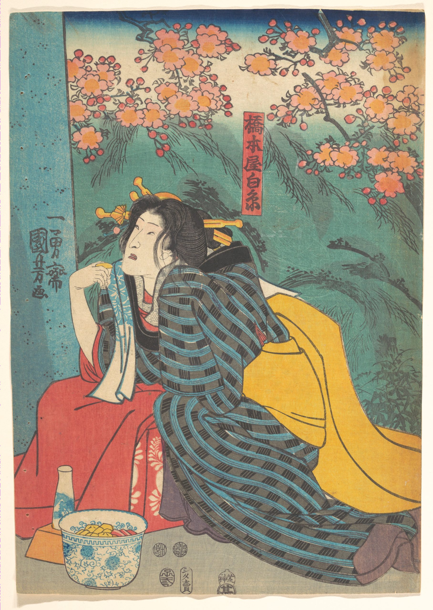 《樱花树下静坐的女子》（Woman Seated Under Cherry Blossoms）｜歌川国芳 Utagawa Kuniyoshi｜江户时代，19世纪
