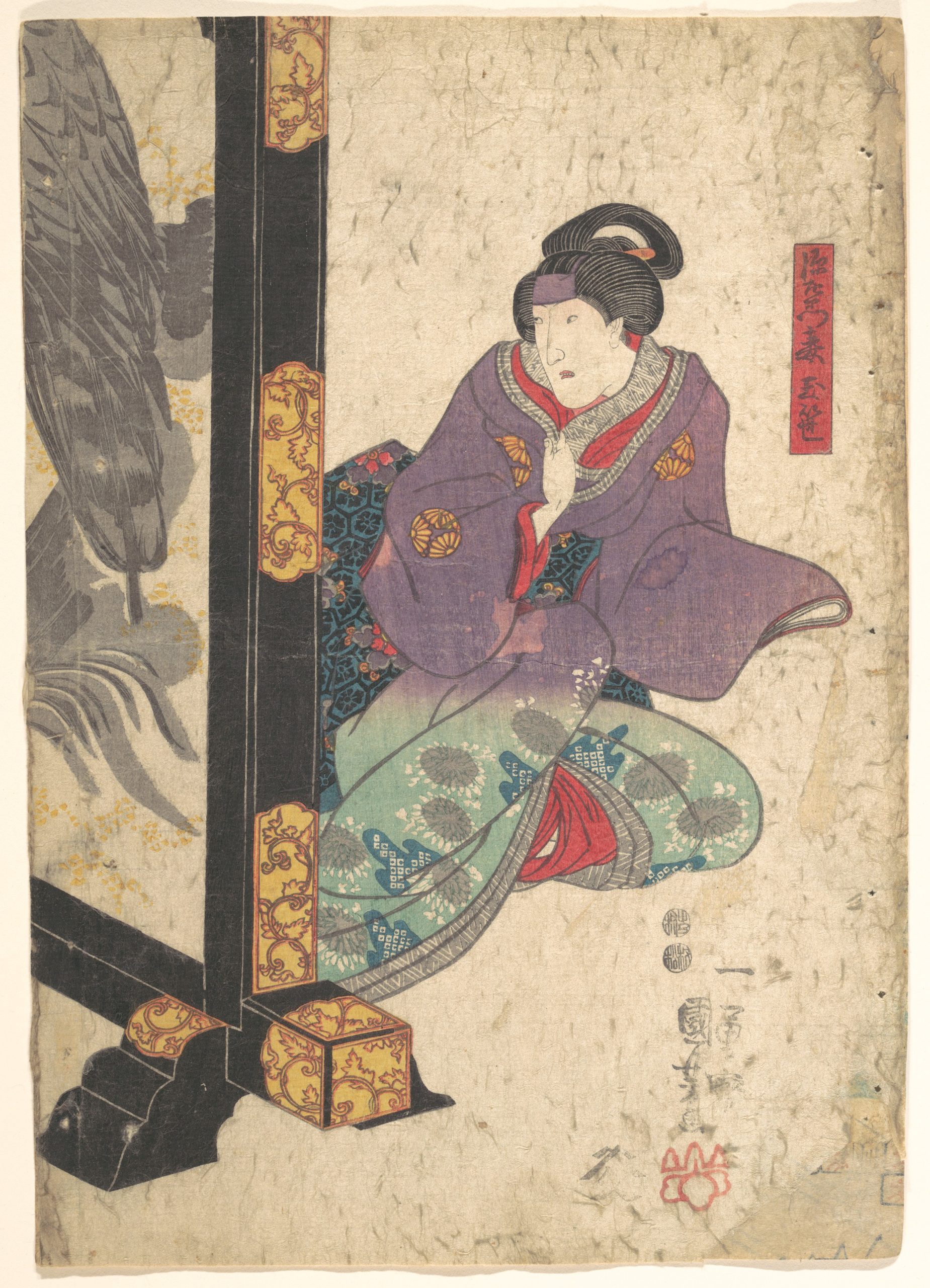 《屏风旁的女子》（Woman Kneeling Beside a Screen）｜歌川国芳 Utagawa Kuniyoshi｜江户时代，19世纪