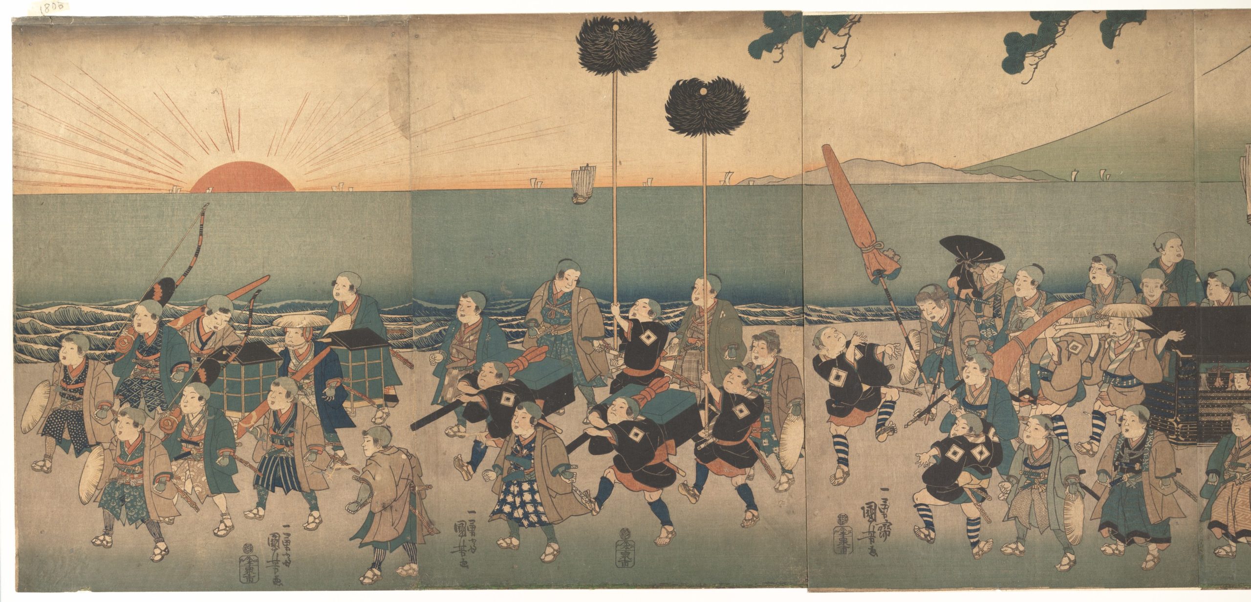 《旭日下的大名行列（三联画）》（Daimyo Procession at Sunrise (Triptych)）｜歌川国芳 Utagawa Kuniyoshi｜江户时代，19世纪
