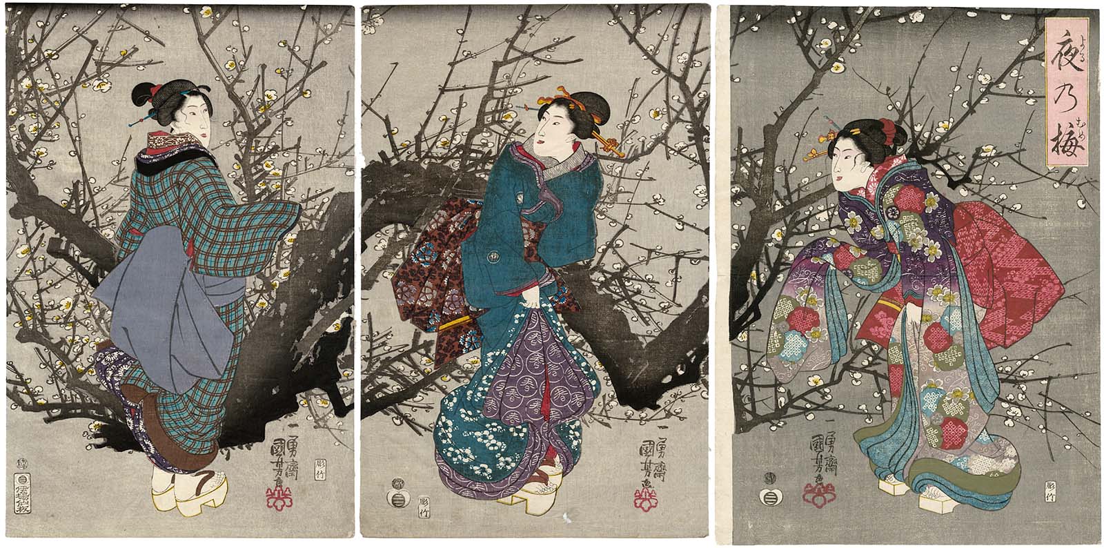 《夜樱下的三美人》（Women Viewing Cherry Blossoms at Night）｜歌川国芳 Utagawa Kuniyoshi｜江户时代