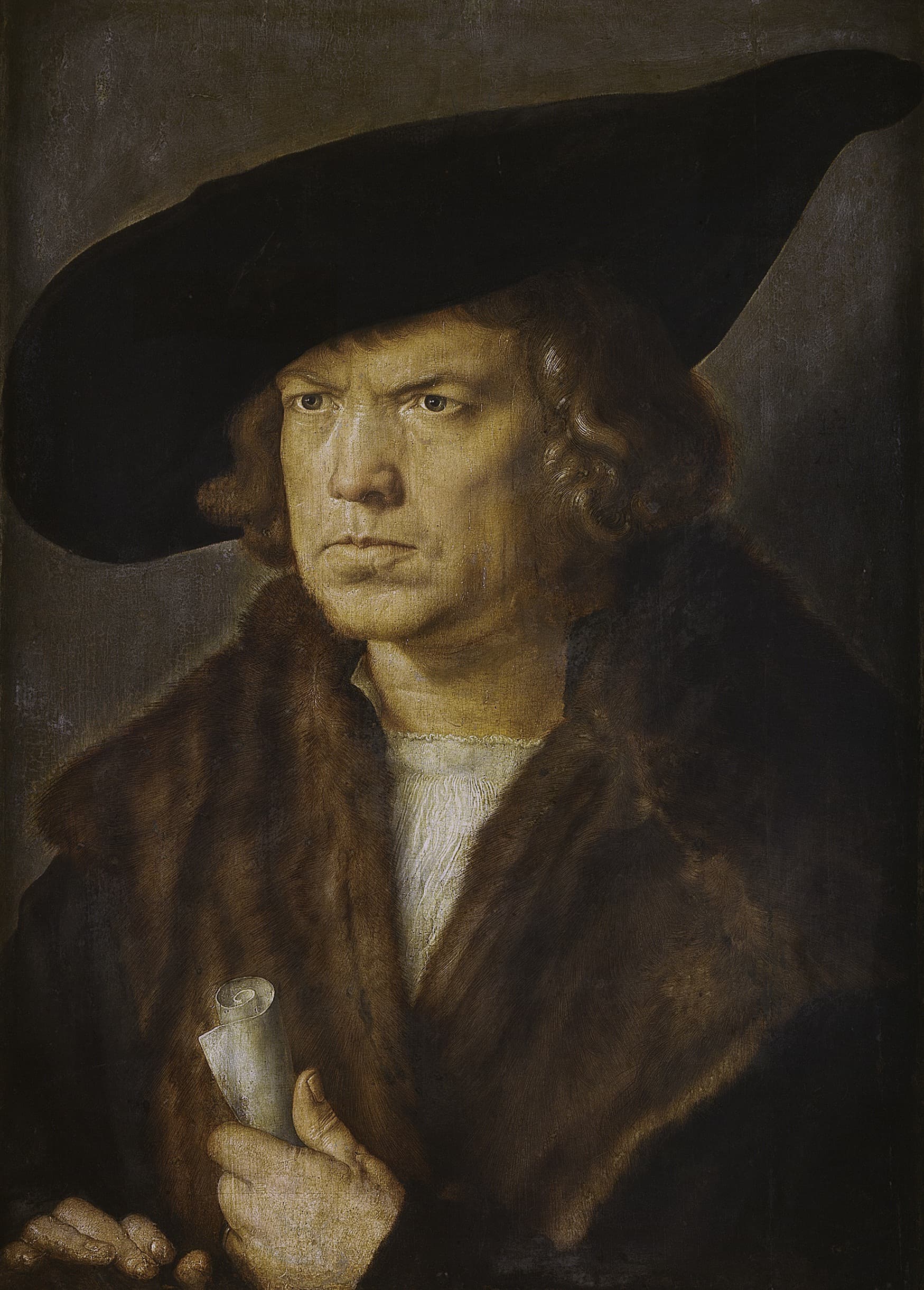 《戴贝雷帽、手持卷轴的男子肖像》（Portrait of a Man with Baret and Scroll）｜阿尔布雷希特·丢勒 Albrecht Dürer｜1521