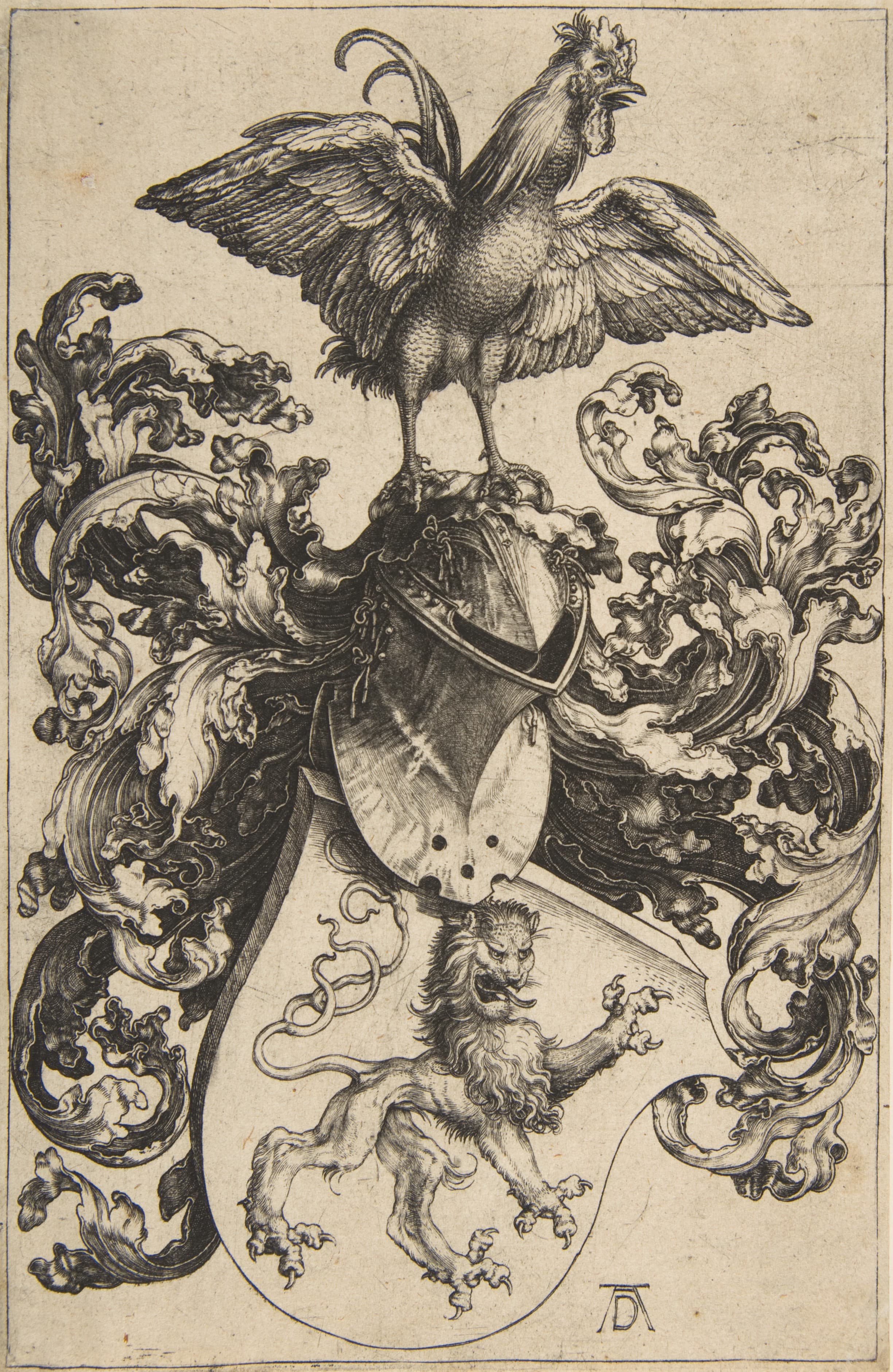 《狮子与公鸡纹章》（Coat Of Arms With Lion And Rooster）｜阿尔布雷希特·丢勒 Albrecht Dürer｜1500