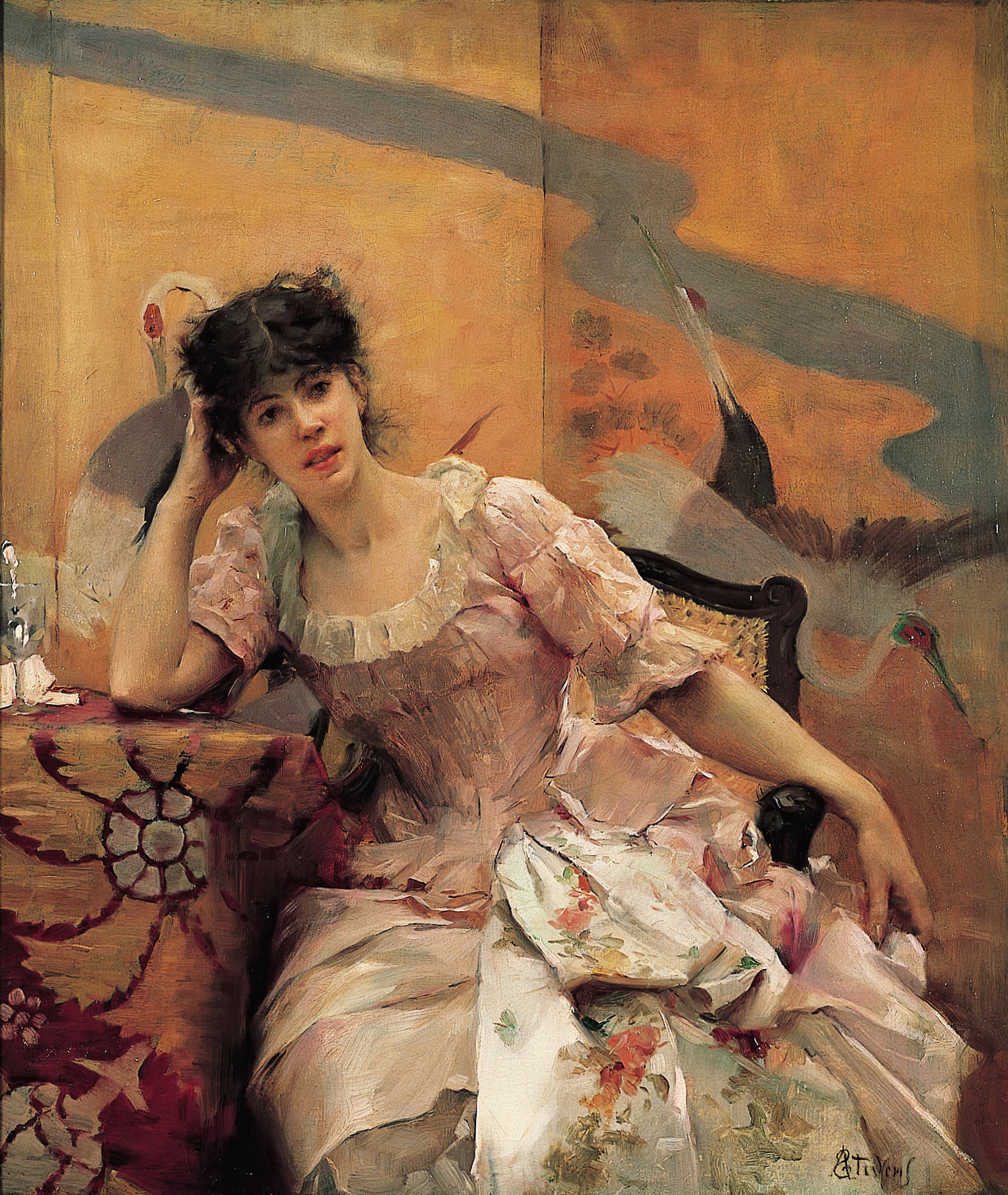 《有日本屏幕的年轻女子》（Young Woman with a Japanese Screen）｜阿尔弗雷德·史蒂文斯 Alfred Stevens｜约1880