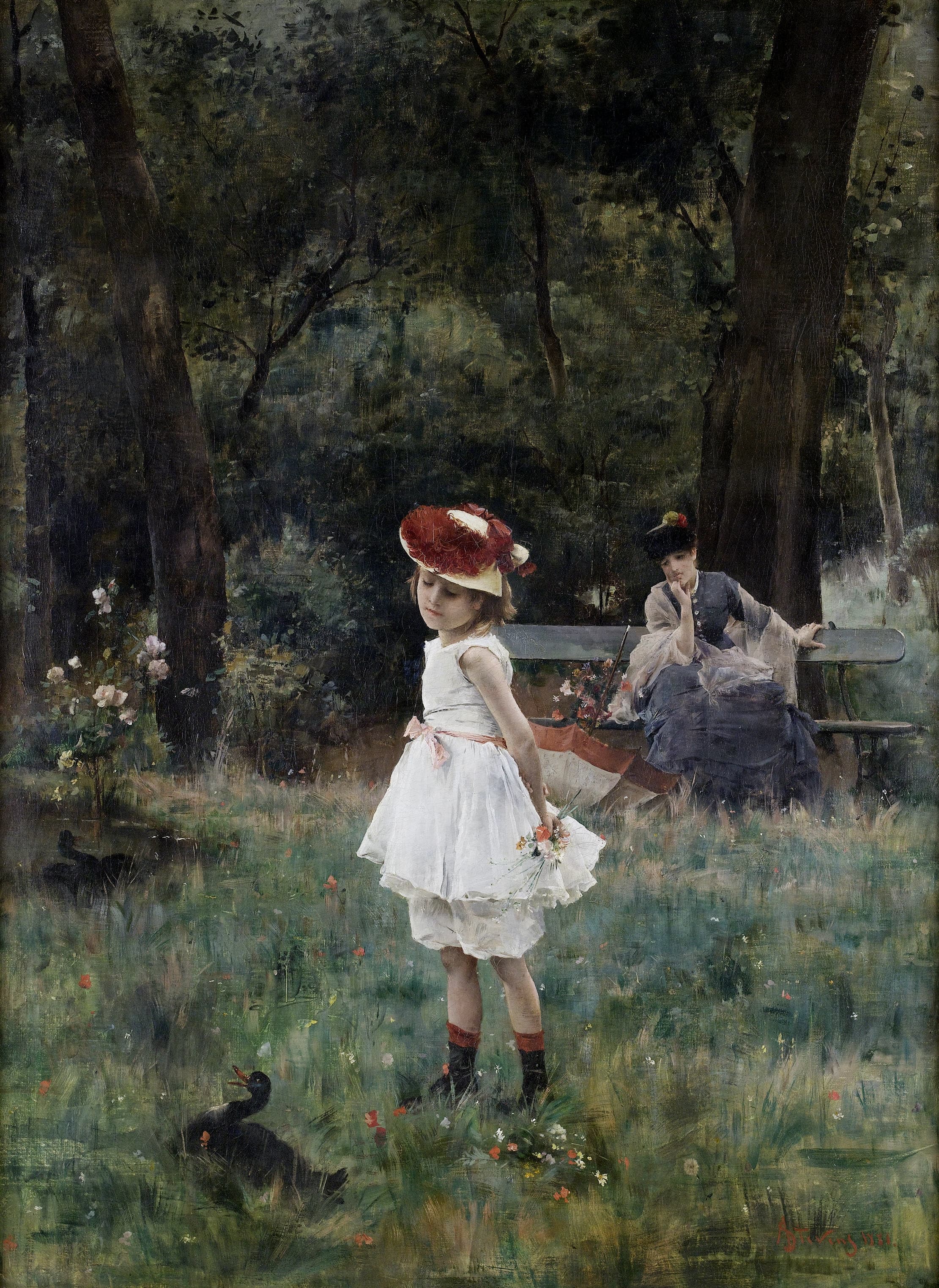 《带着鸭子的女孩》（The Girl with the Ducks）｜阿尔弗雷德·史蒂文斯 Alfred Stevens｜1881
