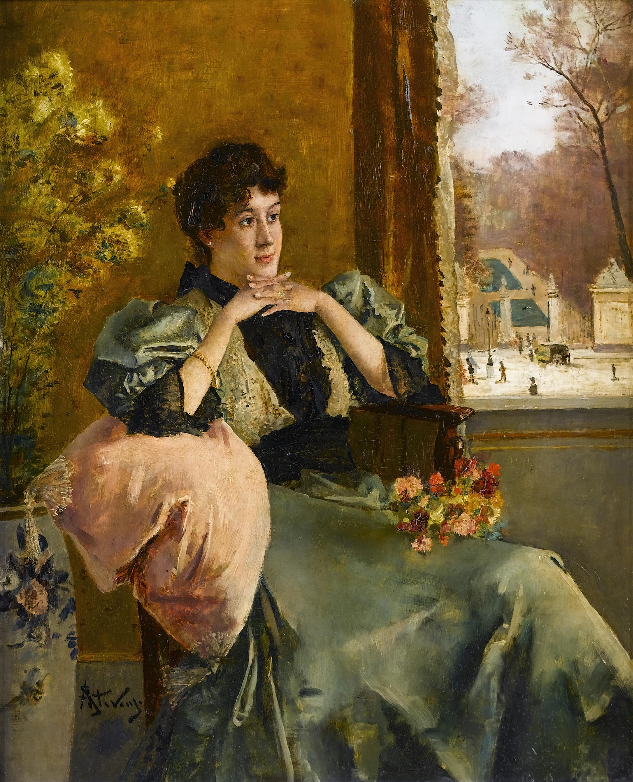 《窗边沉思的女人》（Pensive Woman Near a Window）｜阿尔弗雷德·史蒂文斯 Alfred Stevens｜不明