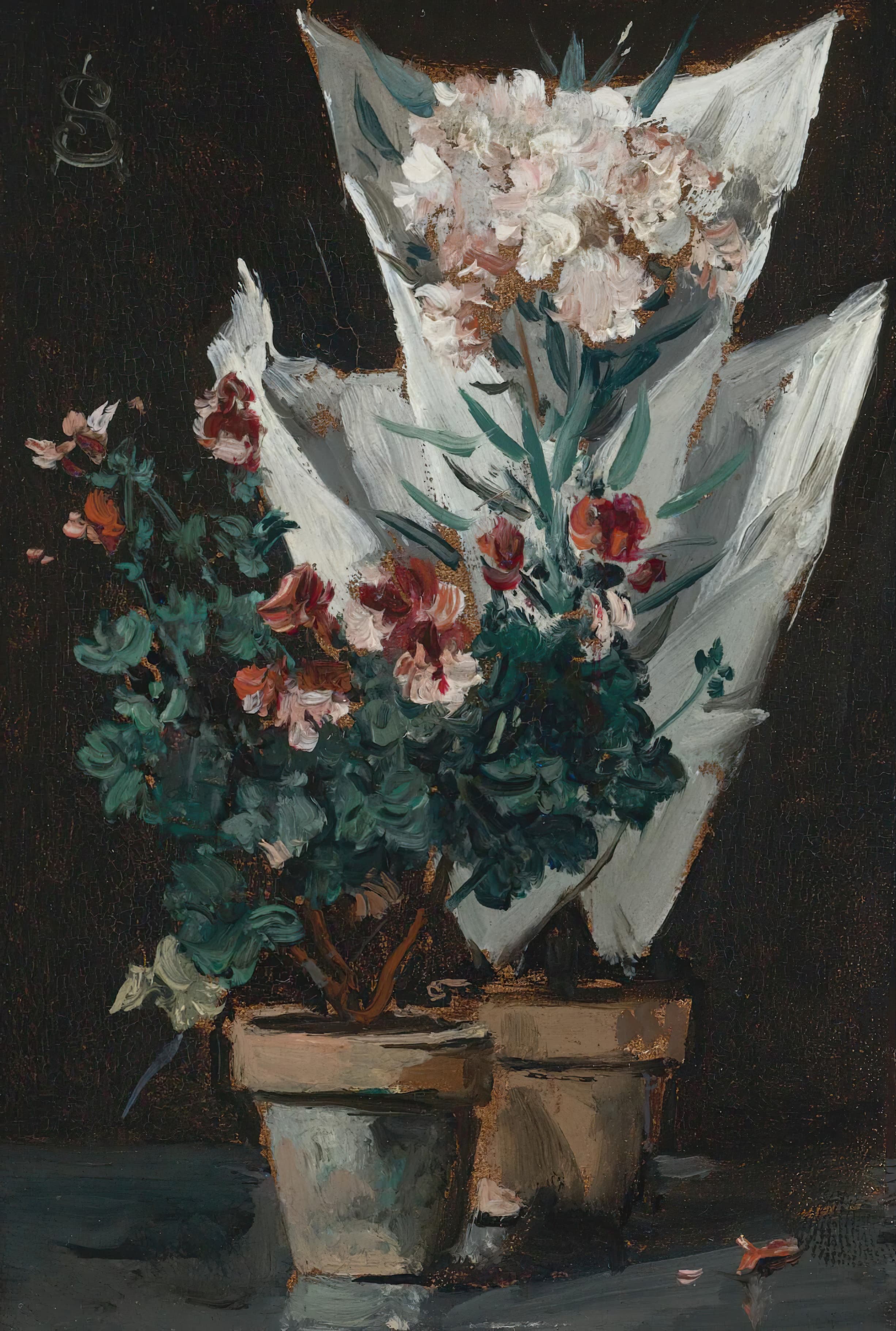 《静物与盆栽天竺葵》（Still Life with Potted Geraniums）｜阿尔弗雷德·史蒂文斯 Alfred Stevens｜不明