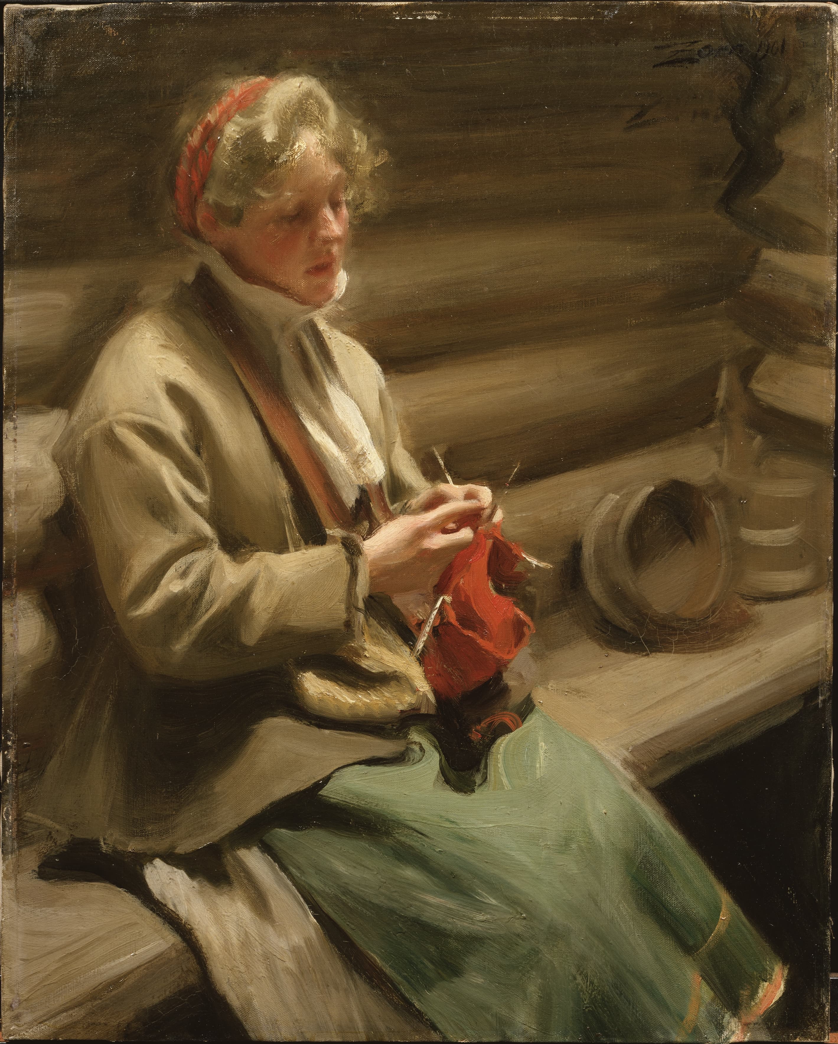 《代尔卡利亚女孩编织卷心菜玛吉特》（dalecarlian girl knitting cabbage margit）｜安德斯·佐恩 Anders Zorn｜1901
