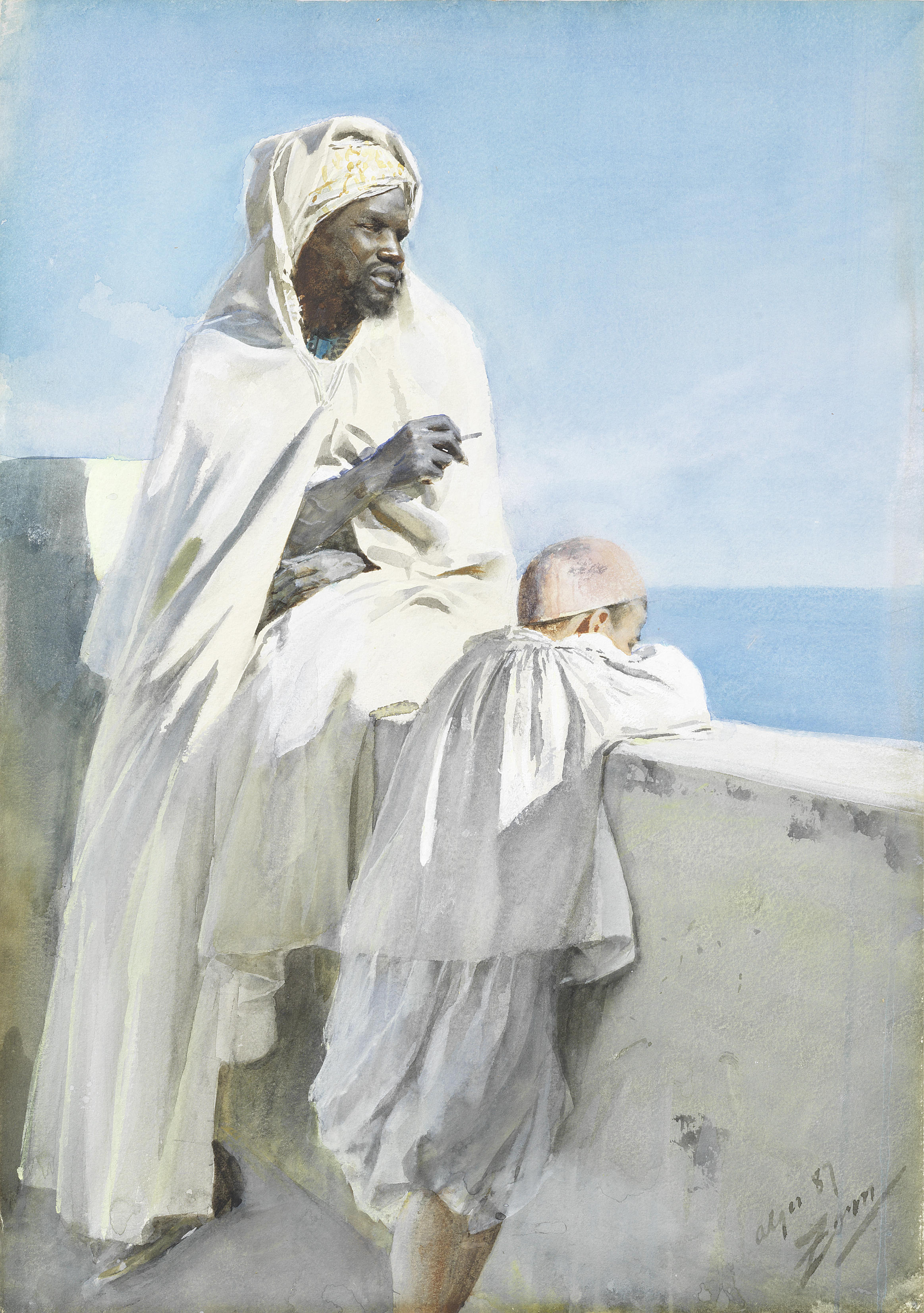 《一名阿尔及利亚男子和男孩眺望阿尔及尔湾》（An Algerian man and boy looking across Bay of Algiers）｜安德斯·佐恩 Anders Zorn｜不明