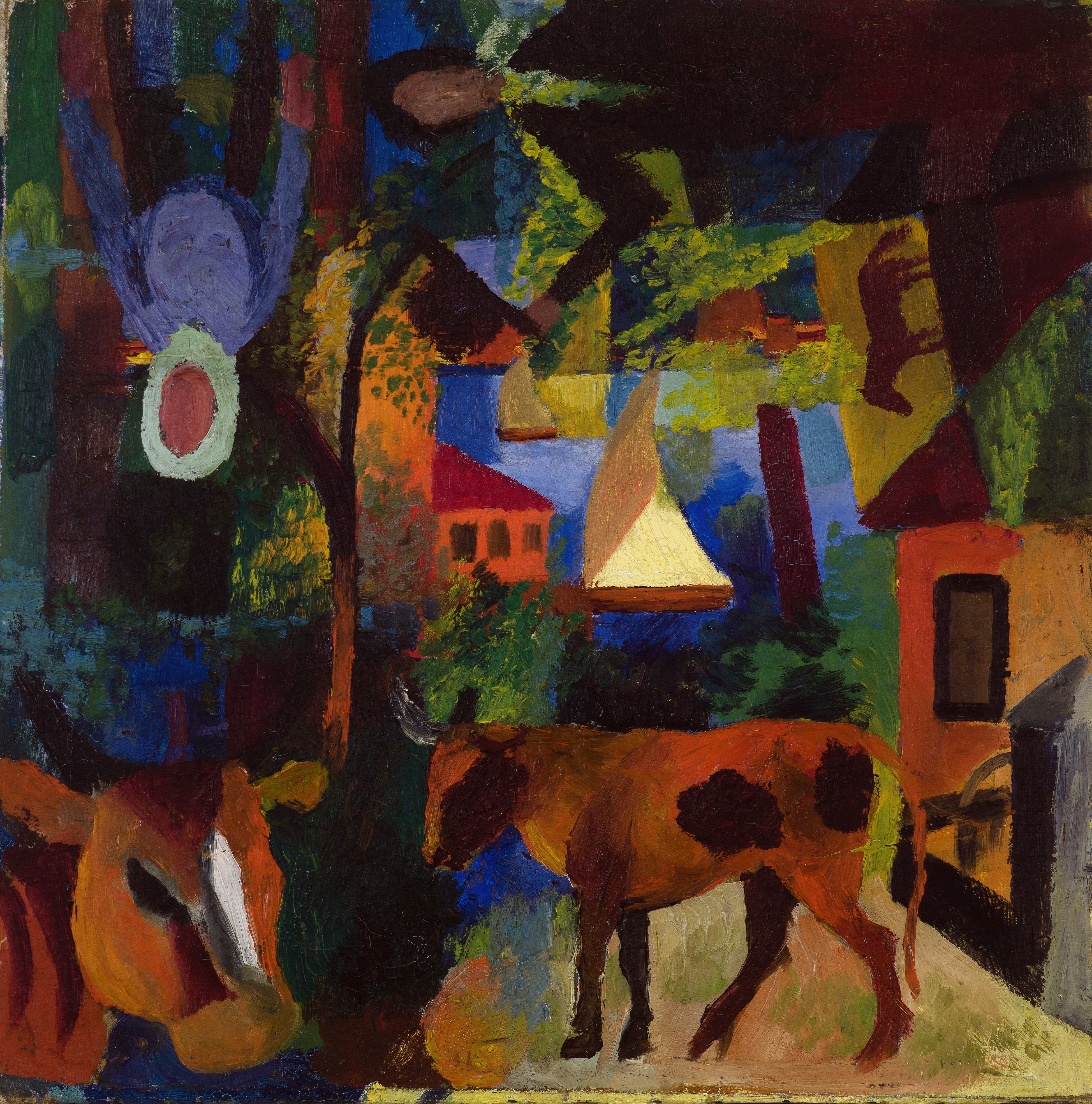 《有牛、帆船和人物的风景》（Landscape with Cows, Sailboat, and Figures）｜奥古斯特·马克 August Macke｜不明