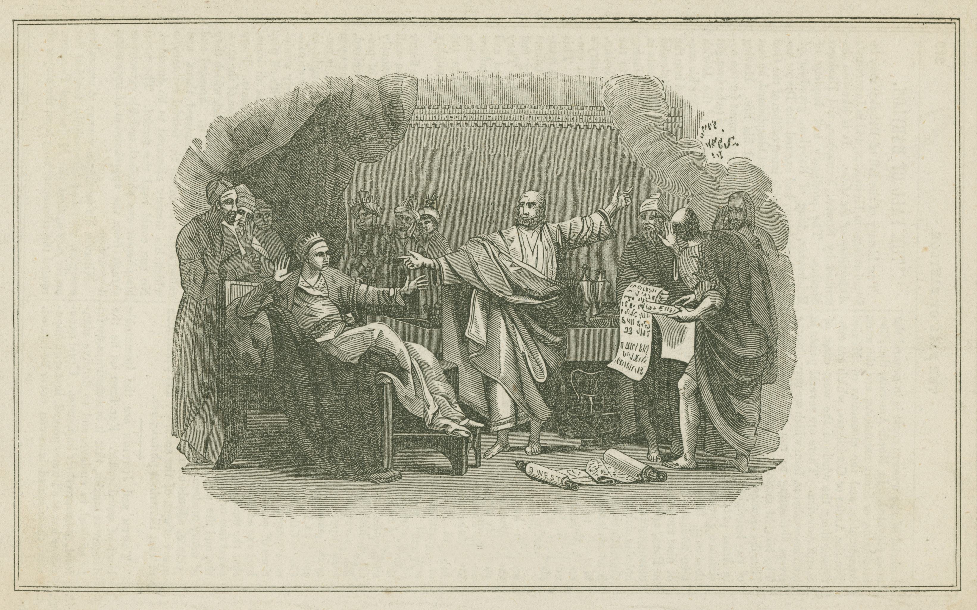 《伯沙撒的盛宴——但以理解释墙上的字迹》（Belshazzar’s feast–Daniel interpreting the handwriting on the wall）｜本杰明·韦斯特 Benjamin West｜1775–1850