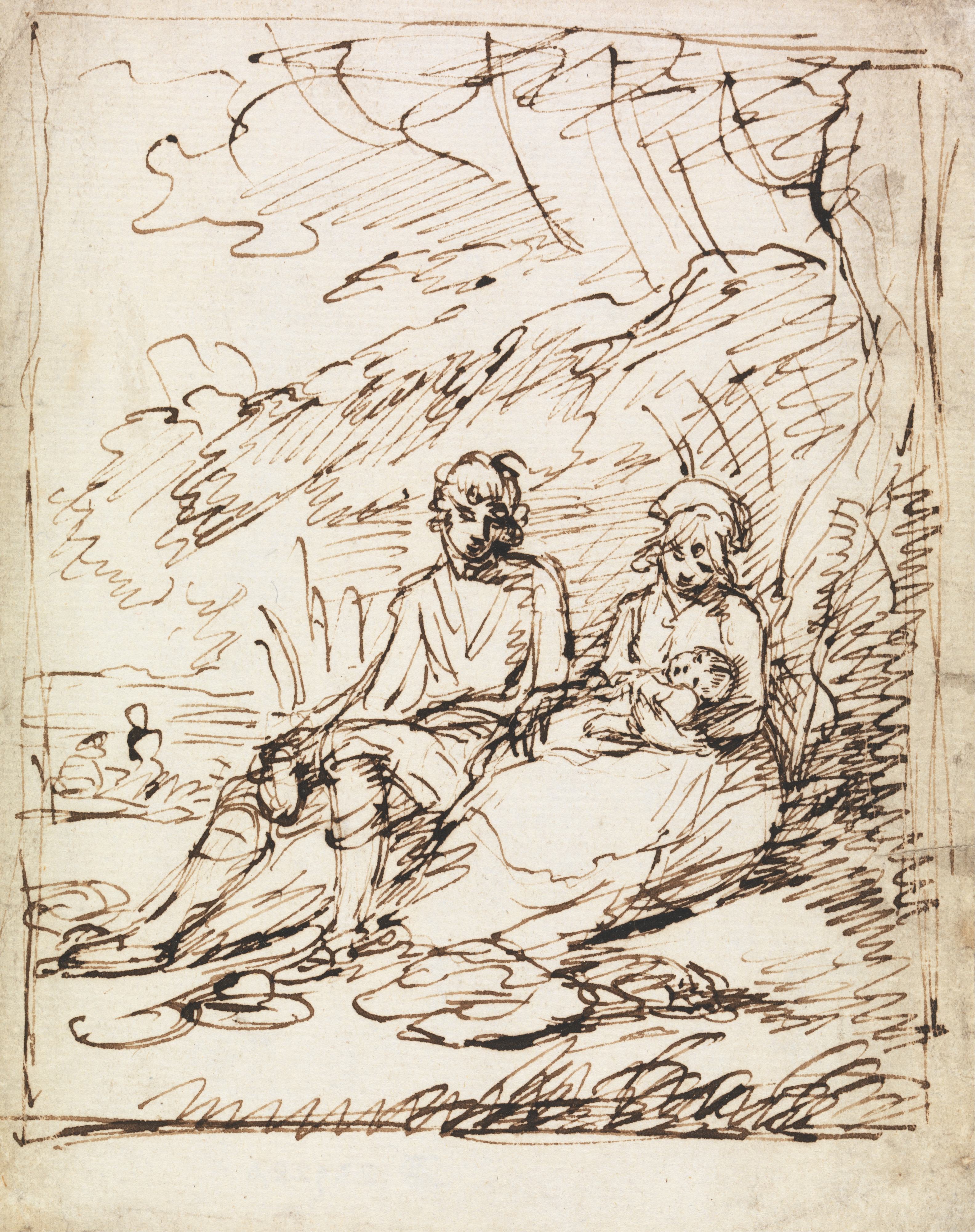 《男人和女人抱着婴儿，坐在银行上》（Man and Woman Holding Baby, Seated on Bank）｜本杰明·韦斯特 Benjamin West｜不明