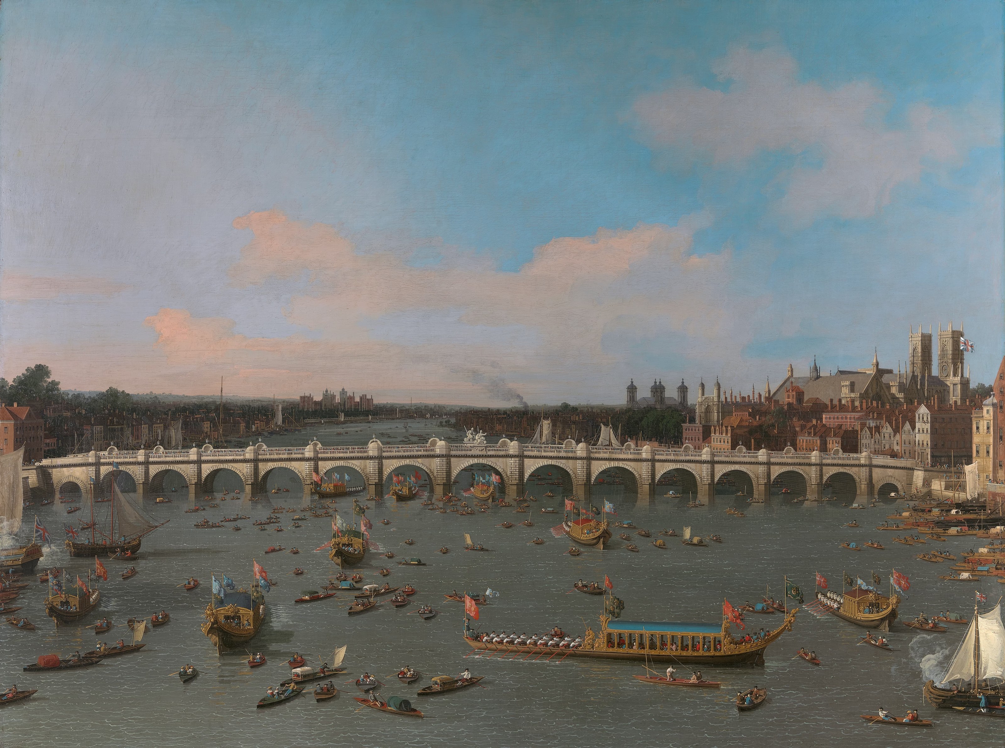 《威斯敏斯特桥与泰晤士河上市长巡游》（Westminster Bridge with the Lord Mayors Procession on the Thames）｜卡纳莱托 Canaletto｜1747