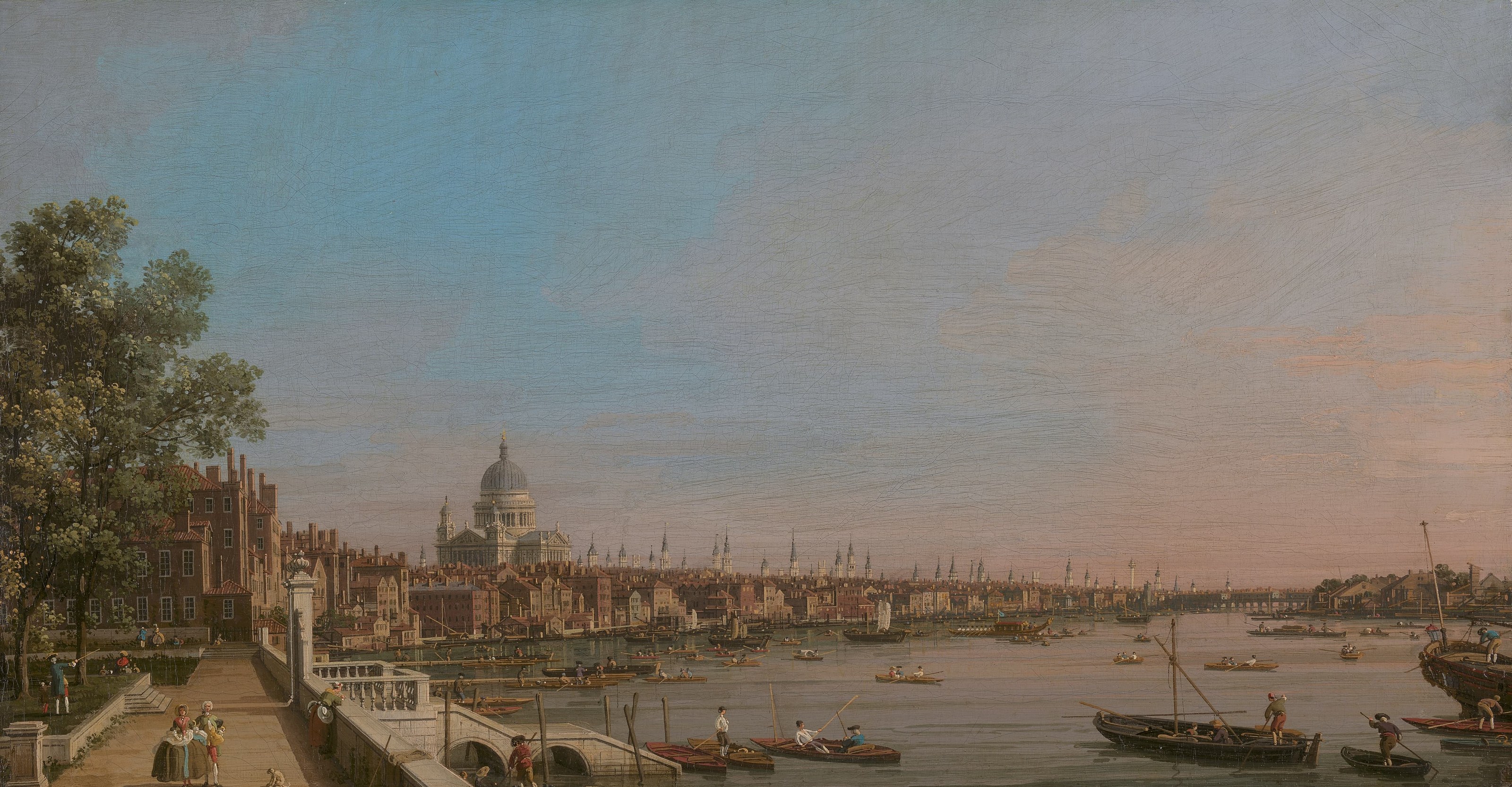 《从萨默塞特宫露台附近眺望伦敦城》（The City from near the Terrace of Somerset House）｜卡纳莱托 Canaletto｜约1750