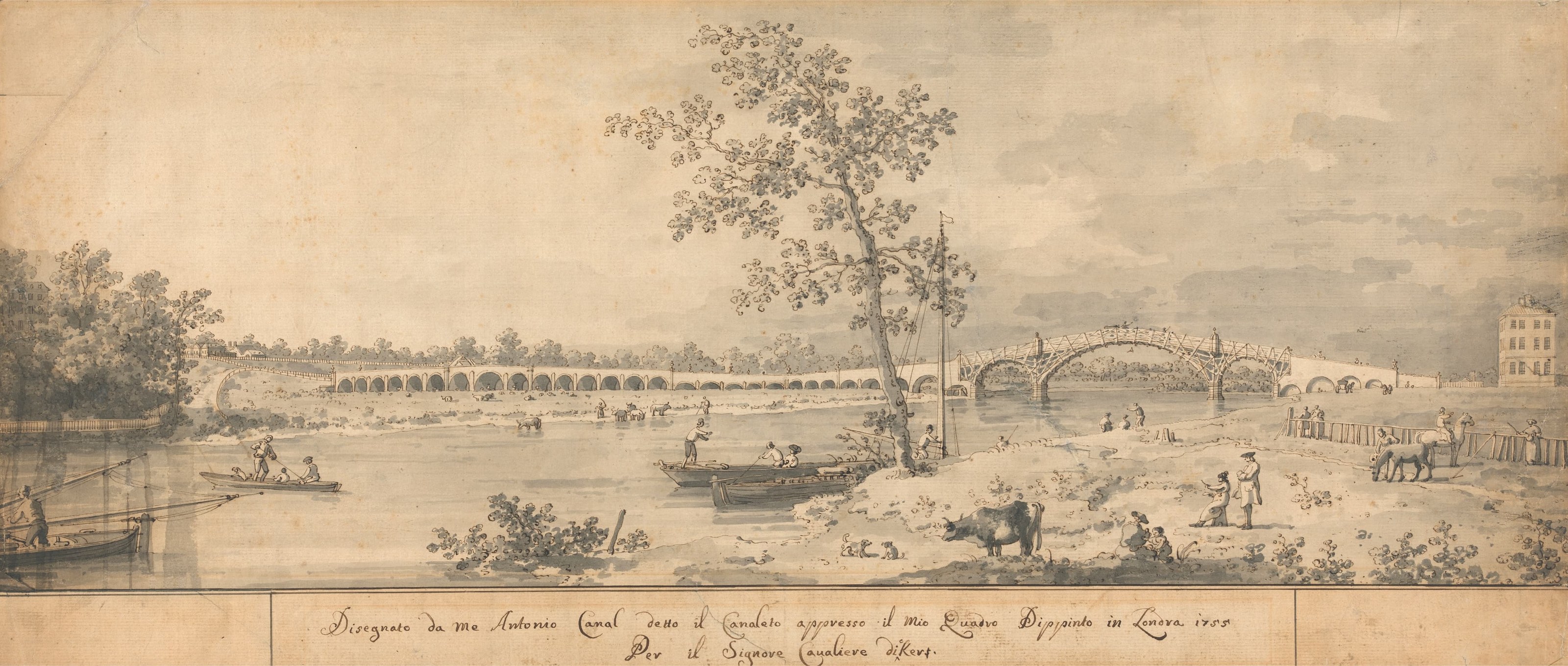 《从米德尔塞克斯岸眺望老沃尔顿桥》（Old Walton Bridge Seen from the Middlesex Shore）｜卡纳莱托 Canaletto｜1755