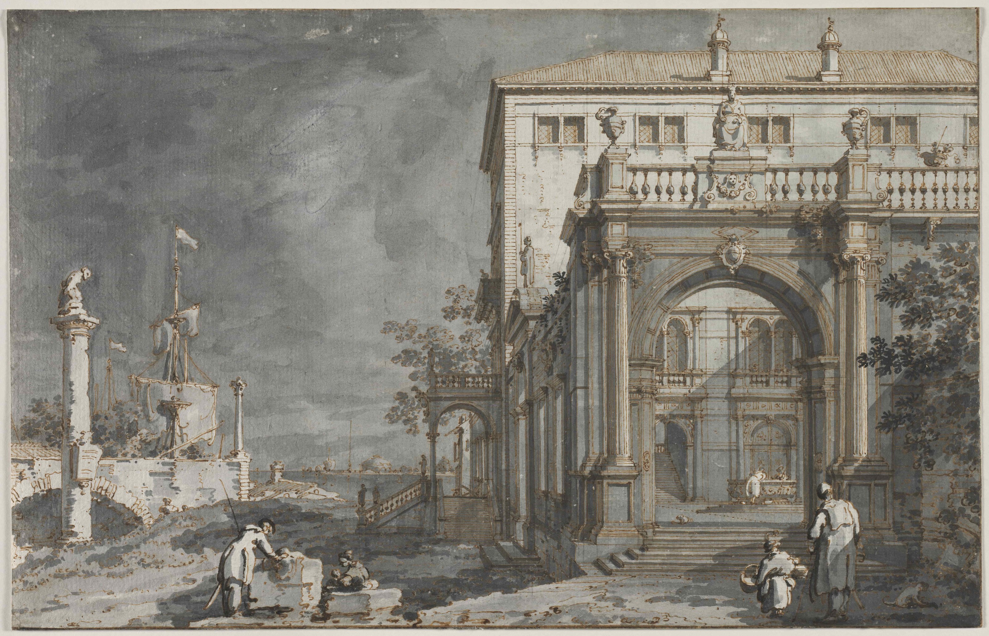 《潟湖畔带庭院宫殿的随想曲》（Capriccio a Palace with a Courtyard by the Lagoon）｜卡纳莱托 Canaletto｜约1750–1755