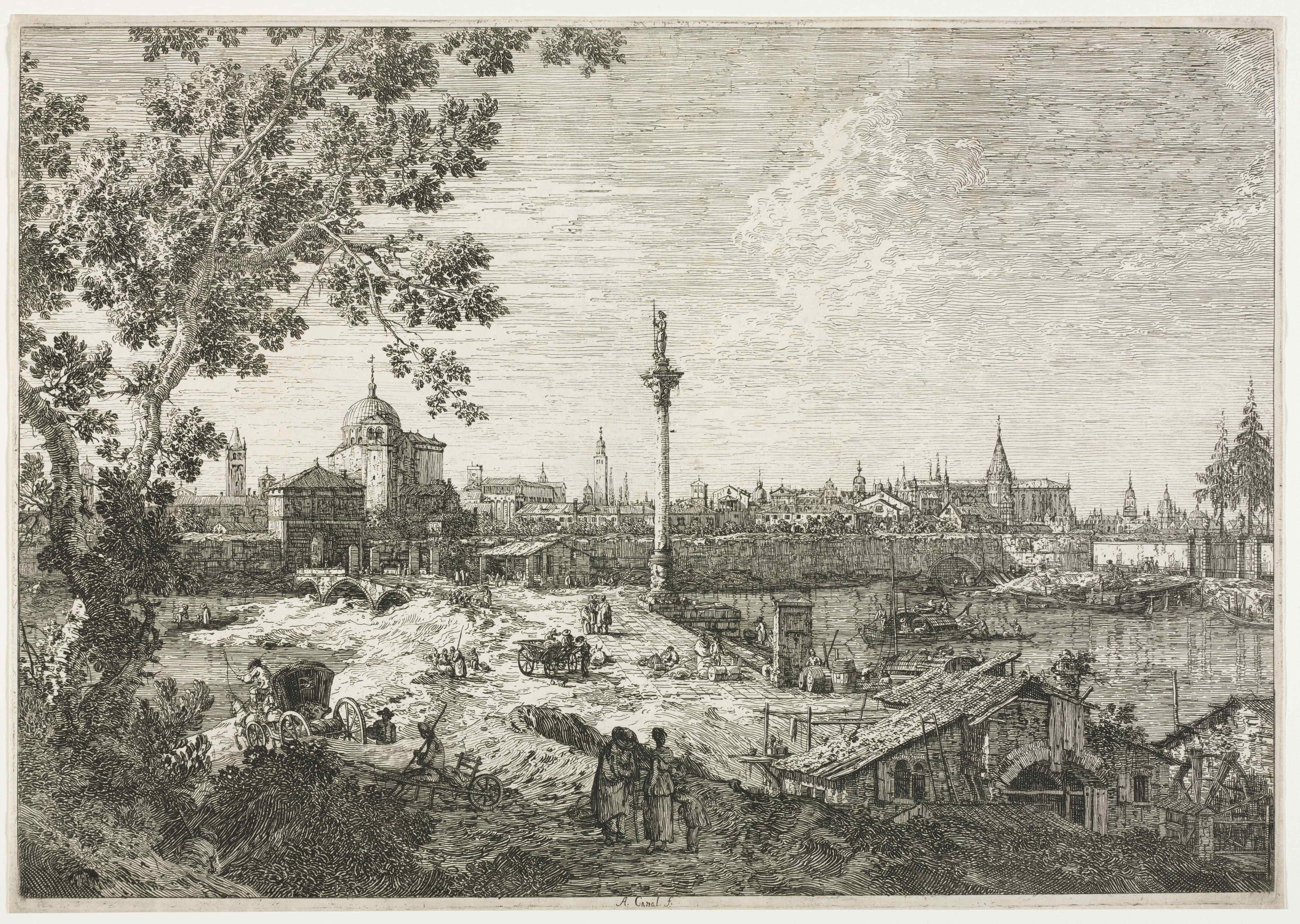 《河畔城市全景》（Panorama of a City on a River C Mid 1700s）｜卡纳莱托 Canaletto｜18世纪中期